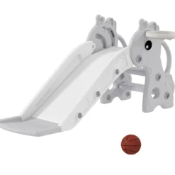 Aiyaplay Tobogán Infantil 3 En 1 Con Canasta De Baloncesto 106x51,5x52 Cm Gris