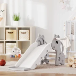 Aiyaplay Tobogán Infantil 3 En 1 Con Canasta De Baloncesto 106x51,5x52 Cm Gris