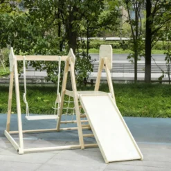 Aiyaplay Tobogán Infantil 5 En 1 Estructura De Escalada De Madera Natural