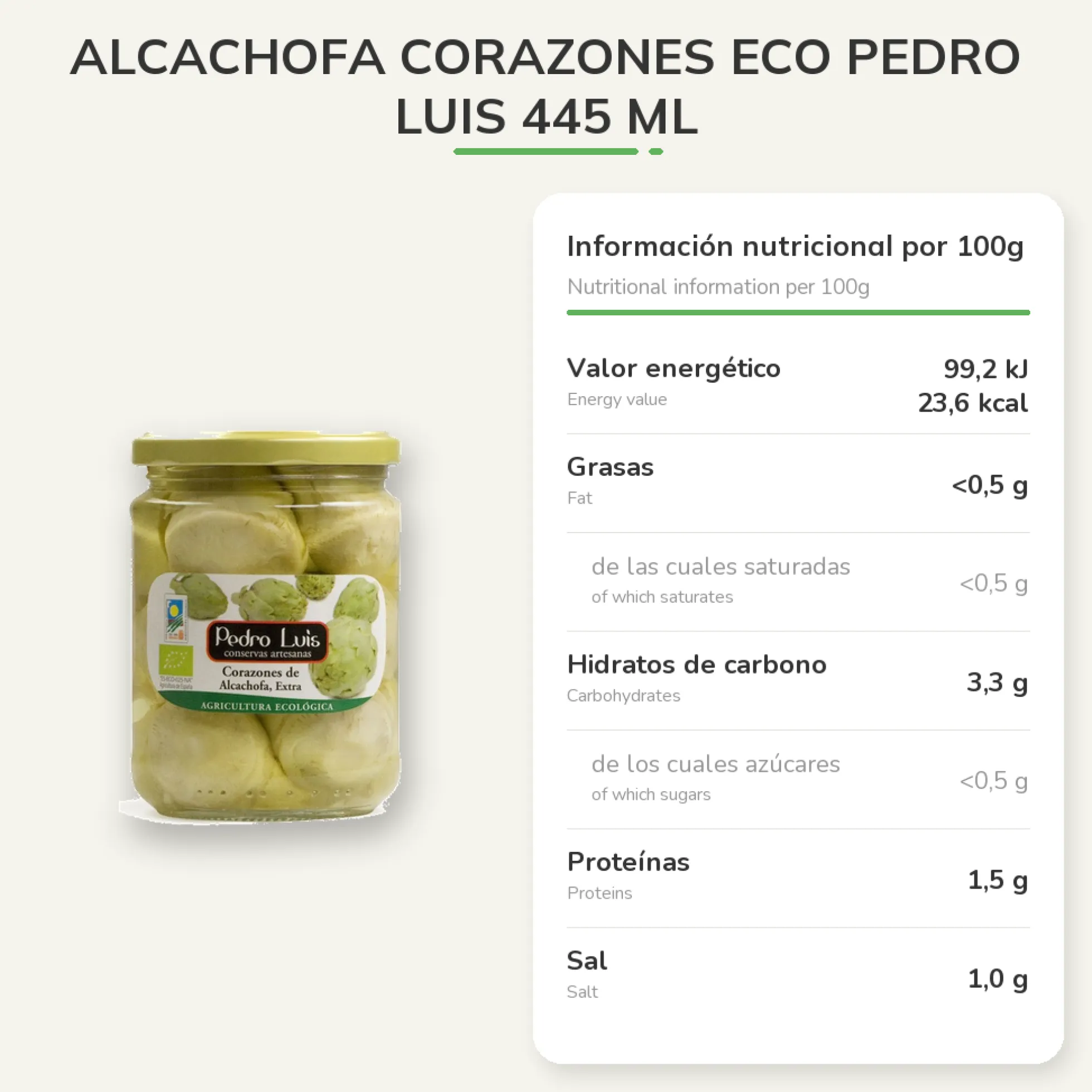Alcachofa corazones ECO pedro luis 445 ml