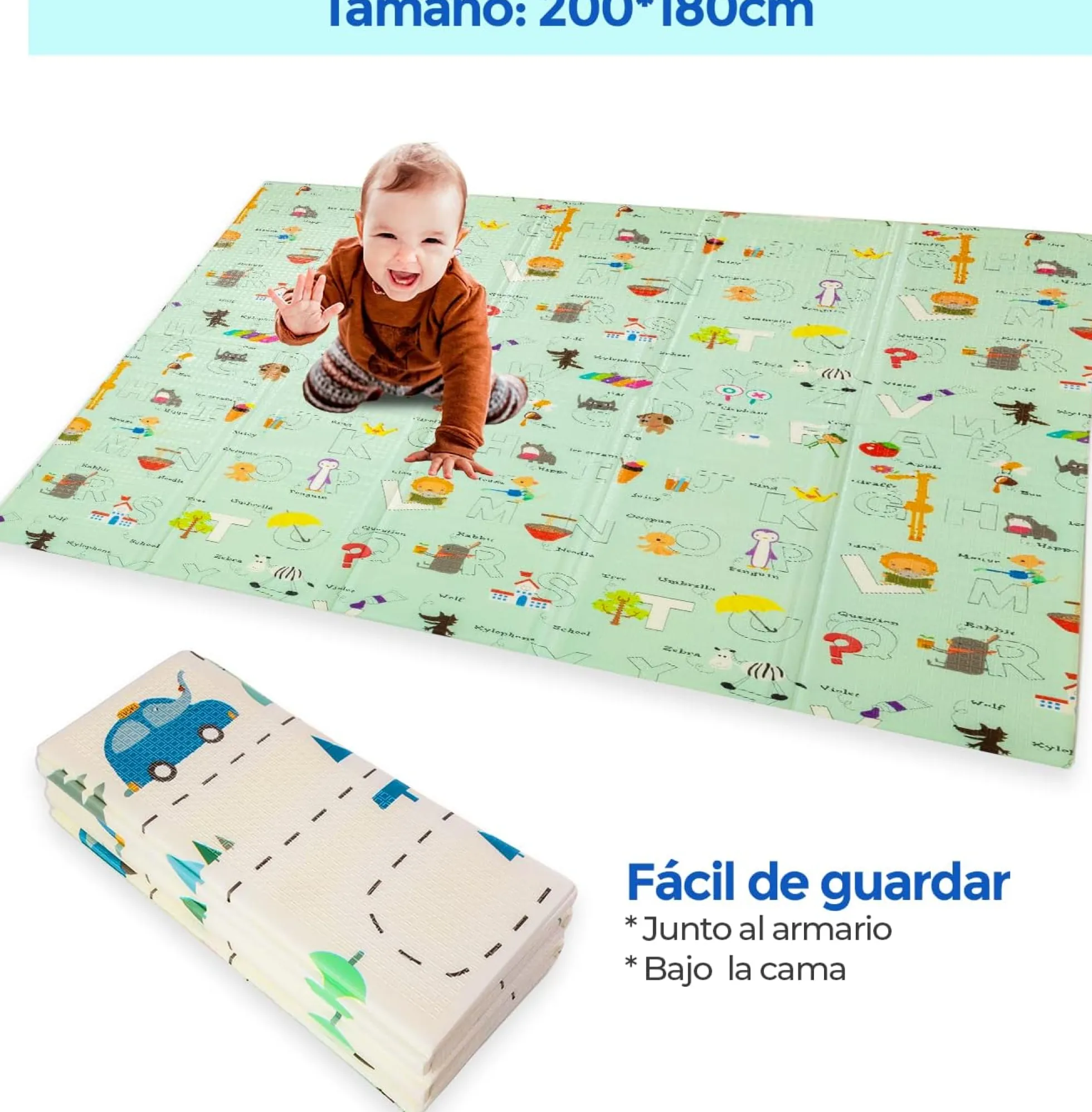 Alfombra Bebe, 1.5cm Grosor, Diseño Infantil, 200 X 180 Cm, Acolchada De Xpe, Reversible