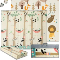 Alfombra Plegable Para Bebé 200 × 180 Cm, Reversible Pandas/bosque Bathby