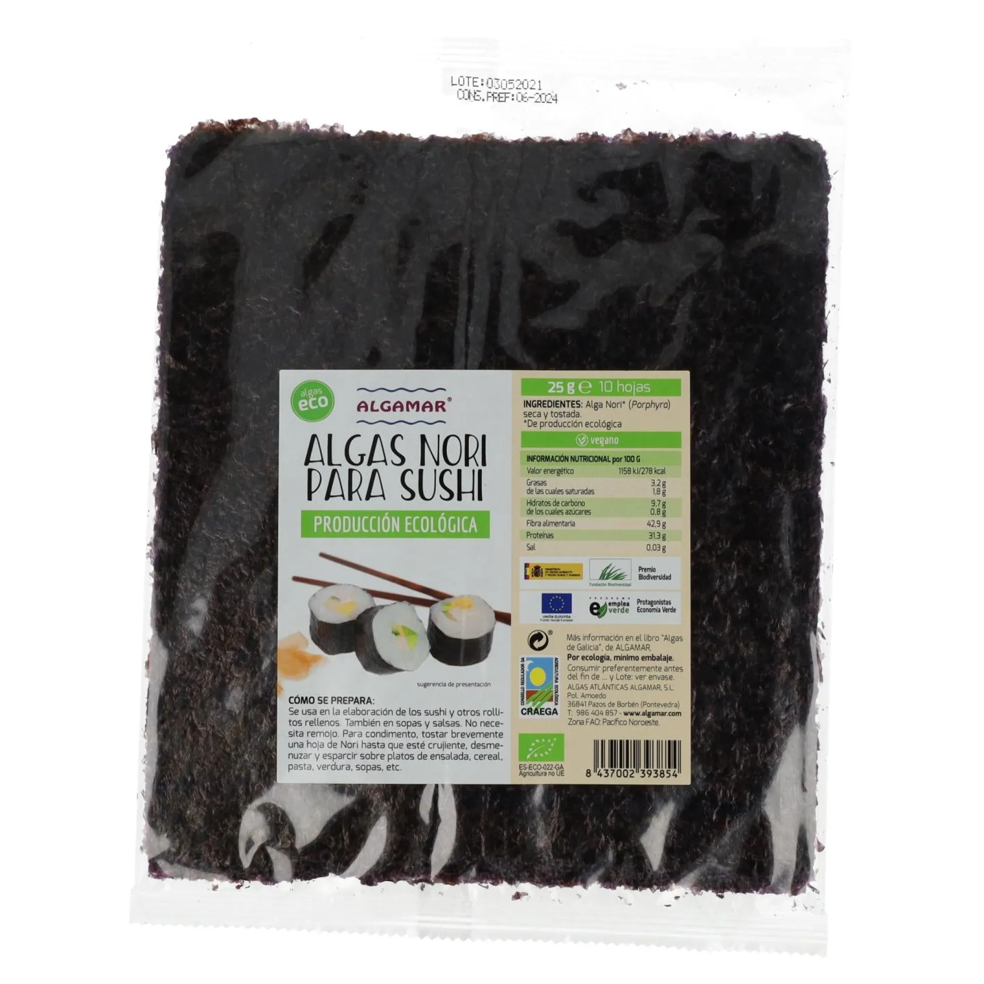 Alga Nori Sushi Bio ALGAMAR 10 hojas 25g