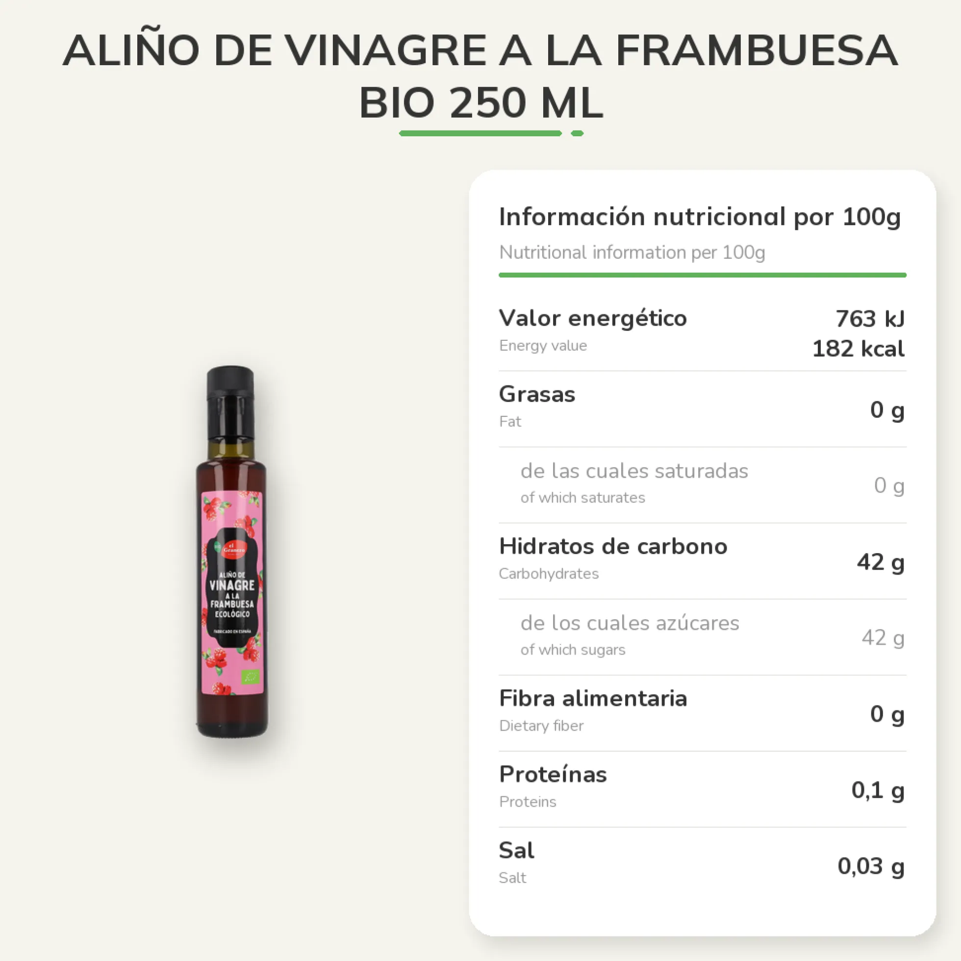 Aliño De Vinagre A La Frambuesa Bio 250 ml