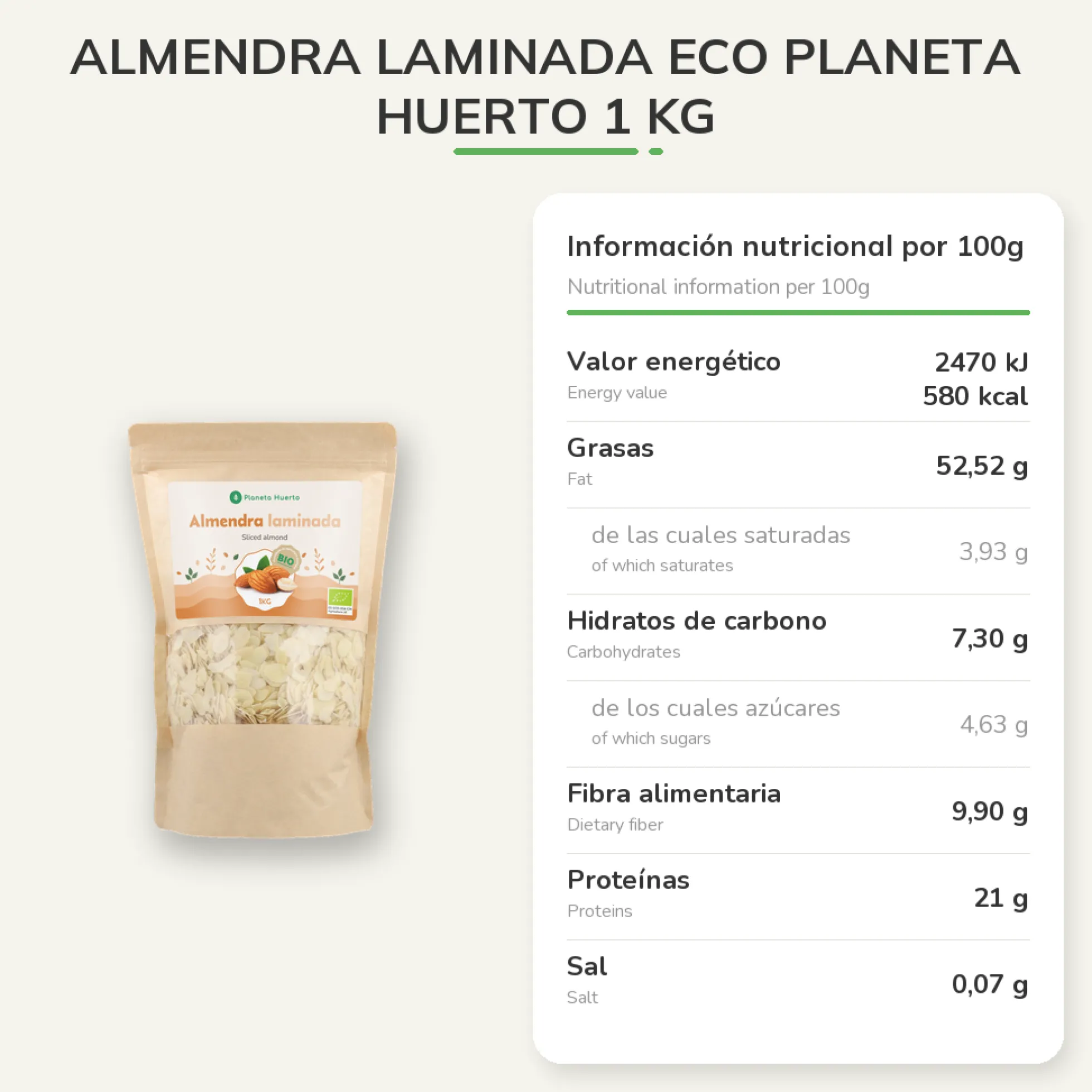 Almendra laminada ECO Planeta Huerto 1 kg
