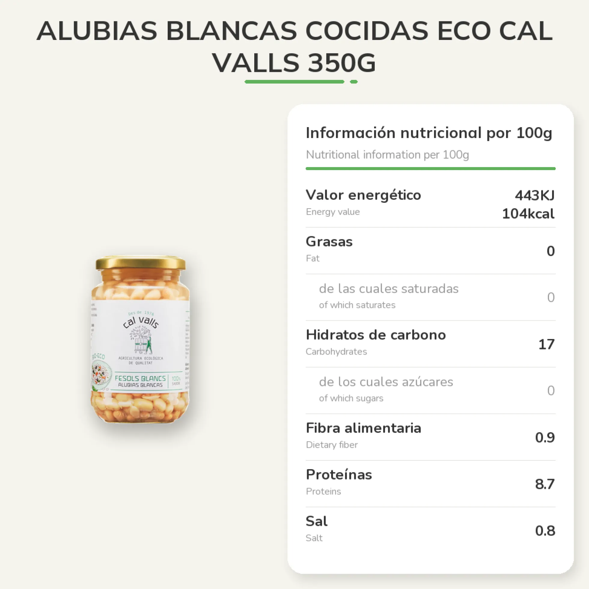 Alubias Blancas Cocidas del país "Fesolets" ECO Cal Valls 350g