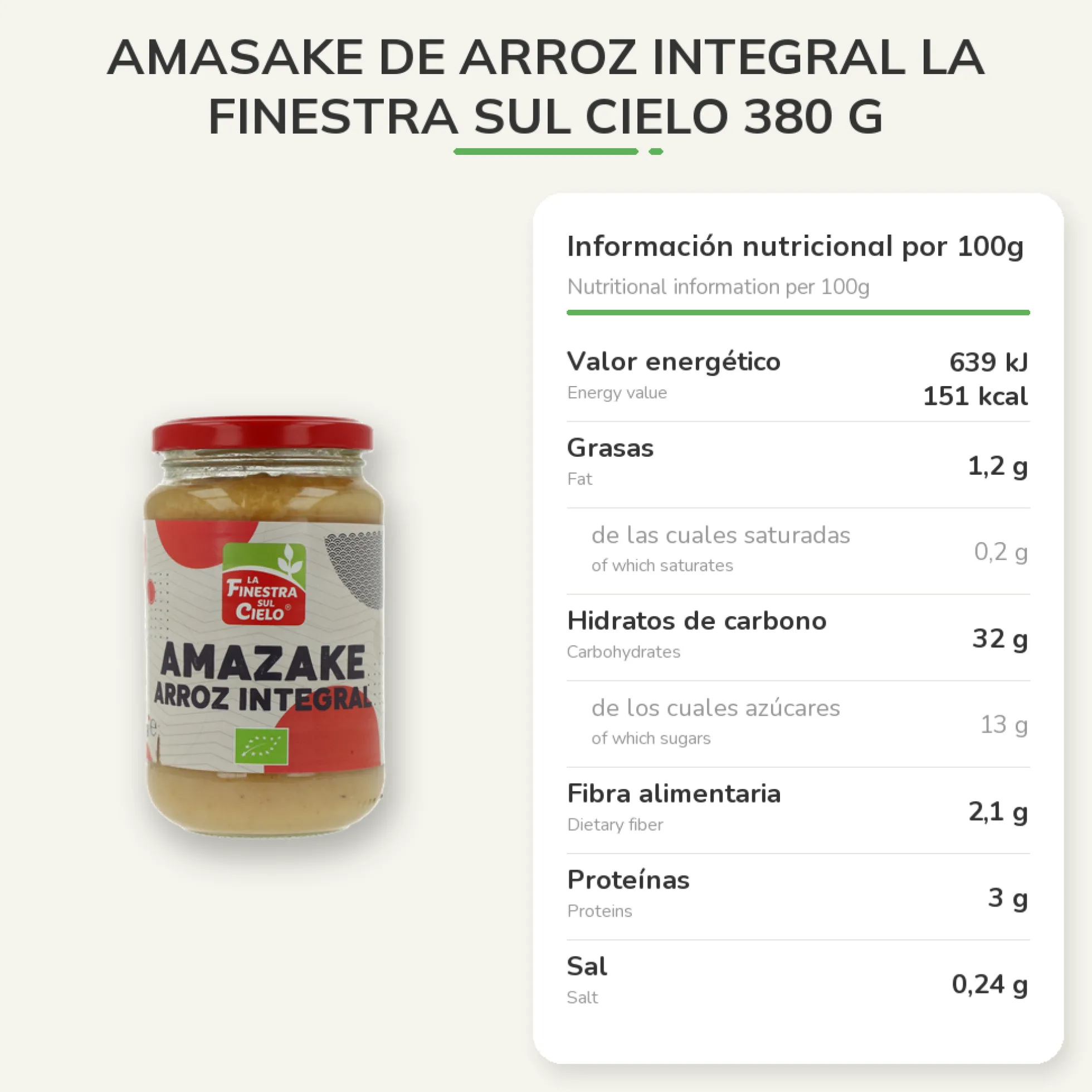 Amasake de Arroz Integral La Finestra Sul Cielo 380 g