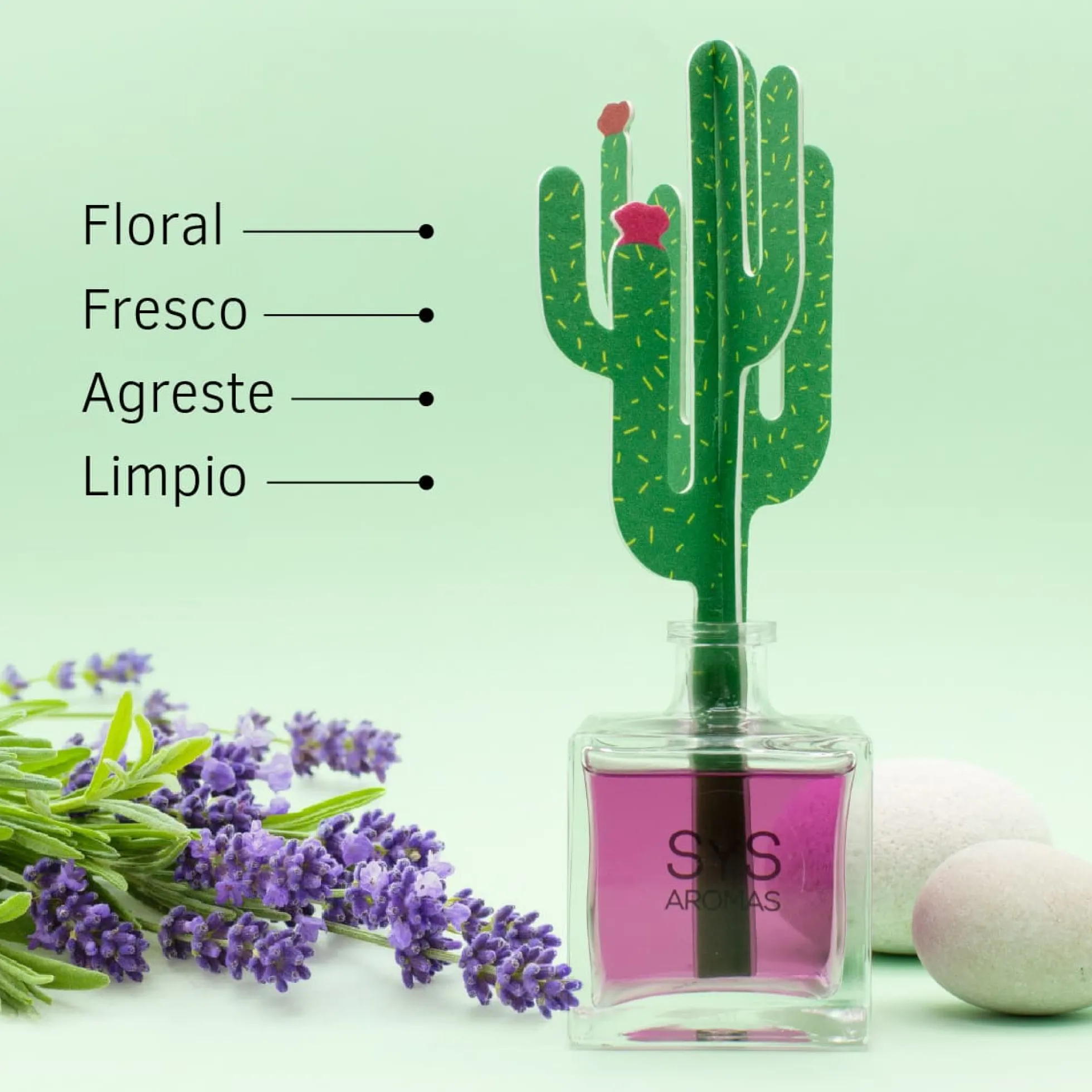 Ambientador Difusor Cactus Lavanda Deco Diffuser SYS Aromas 90 ml | Aroma Floral y Agreste | Relajante