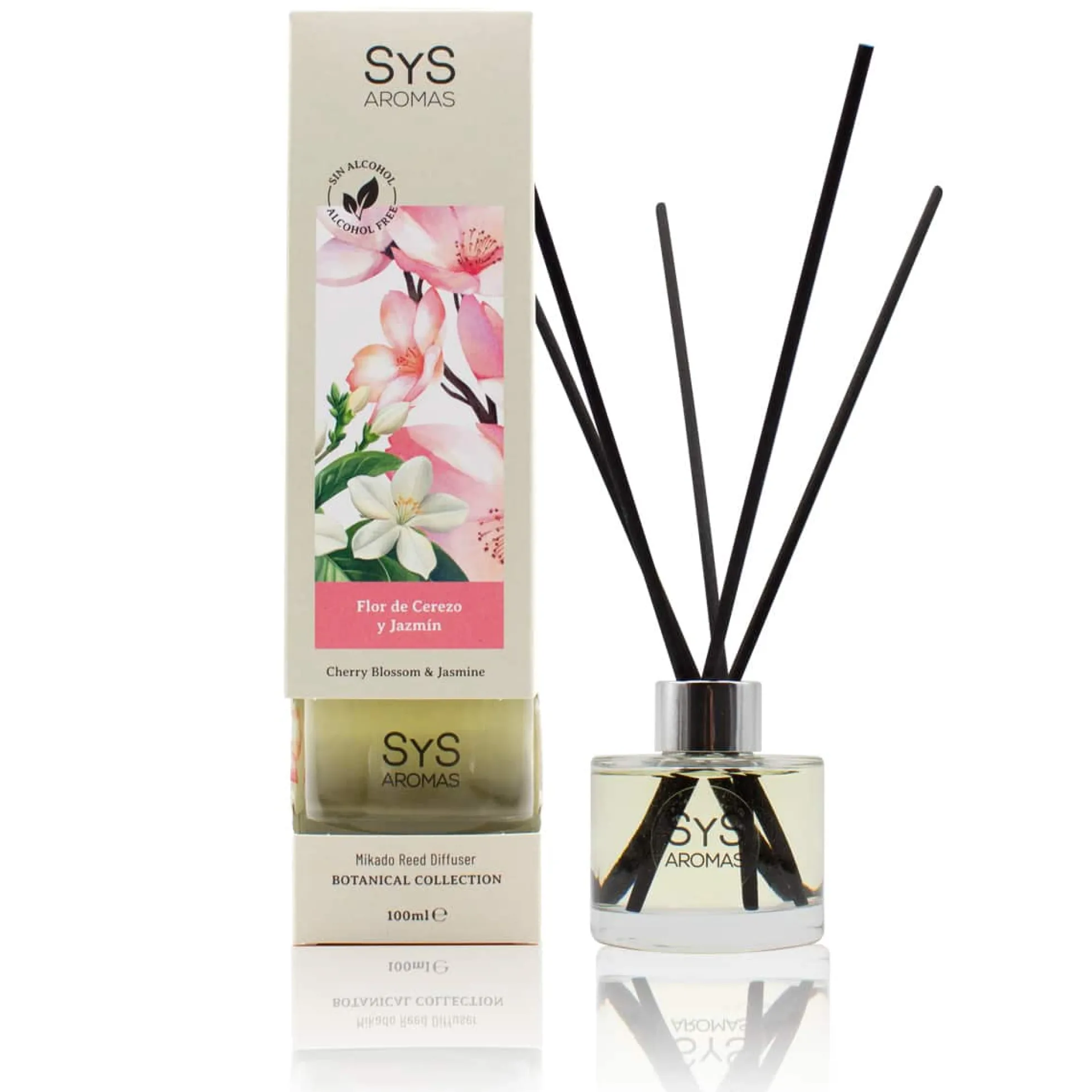 Ambientador Mikado Flor de Cerezo y Jazmín Botanical SYS Aromas 100 ml | Floral y Dulce | Sin Alcohol