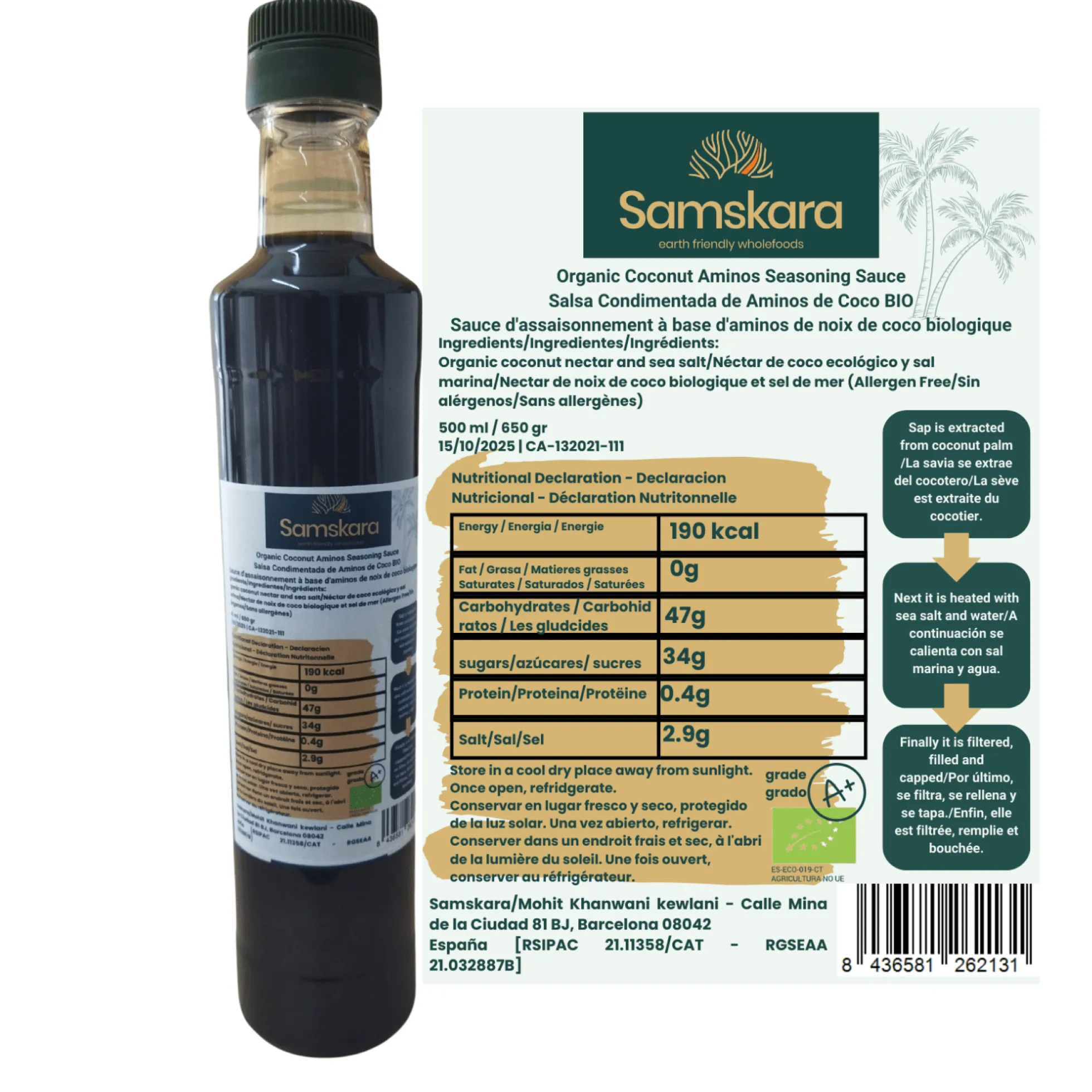 Aminos De Coco Bio - 500ml | Superalimento Ecológico Vegano Para Batidos, Smoothies Y Zumos, Sin Azúcares Añadidos