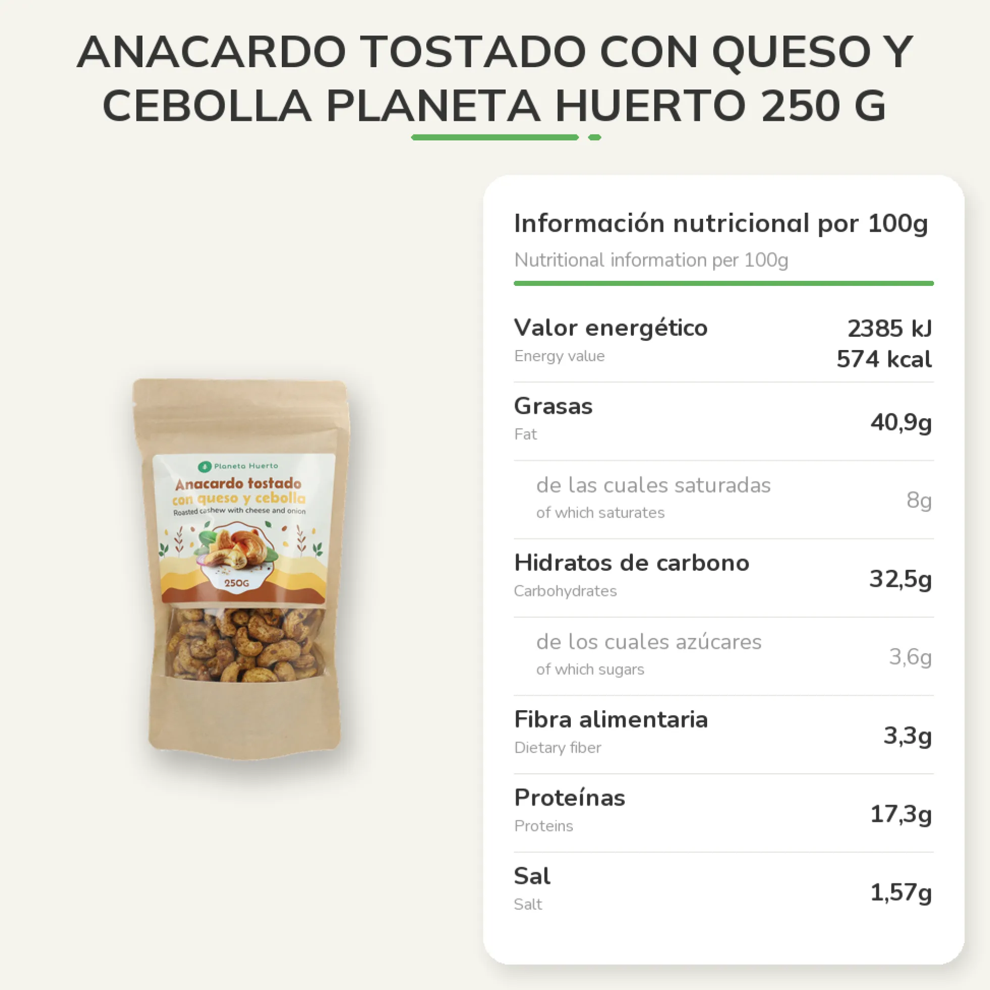 Anacardo tostado con queso y cebolla Planeta Huerto 250 g
