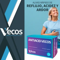 Antiacid Vecos 60 Cápsulas | Antiácido Y Antirreflujo | Alginato De Sodio Y Calcio