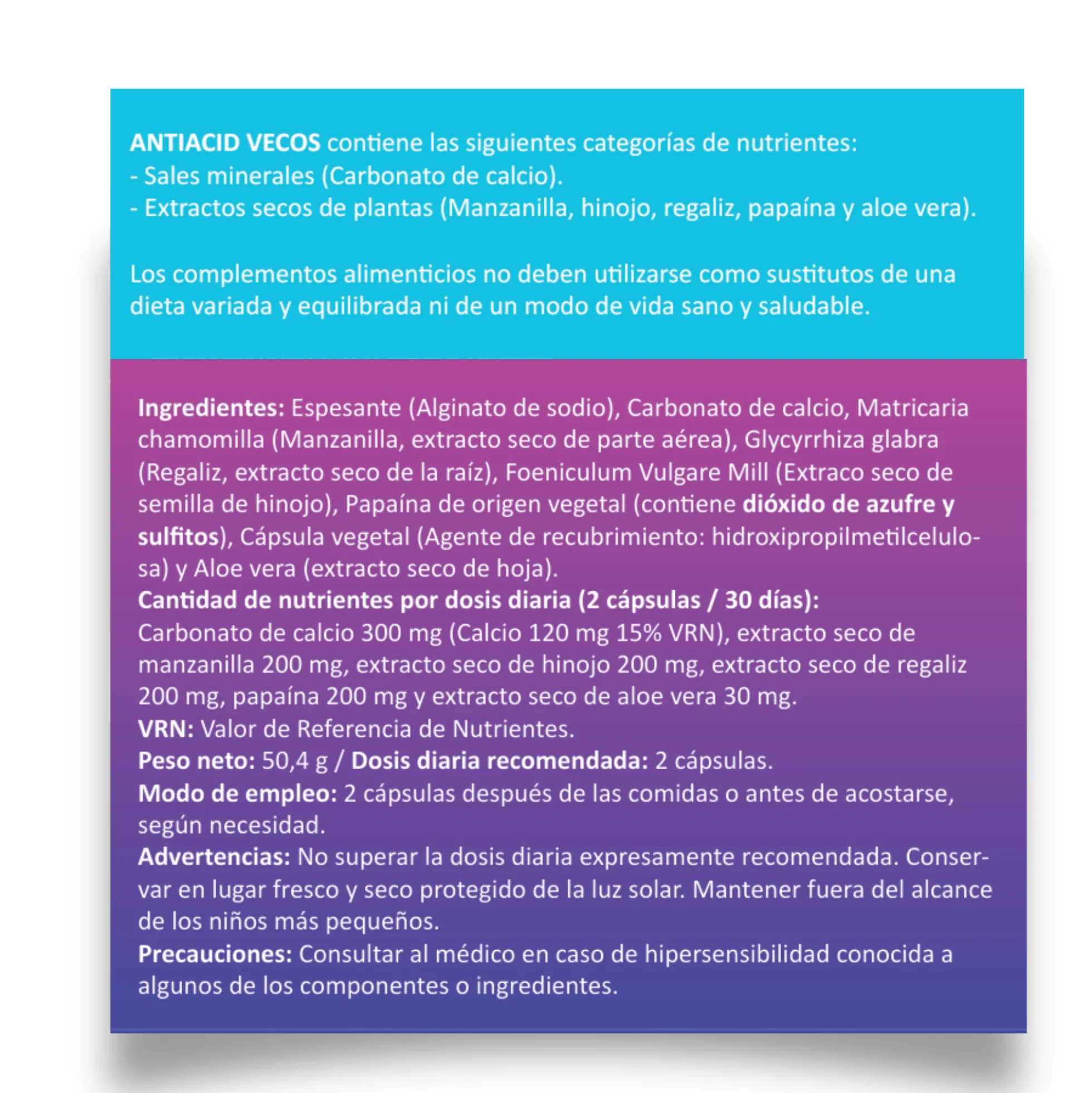 Antiacid Vecos 60 Cápsulas | Antiácido Y Antirreflujo | Alginato De Sodio Y Calcio