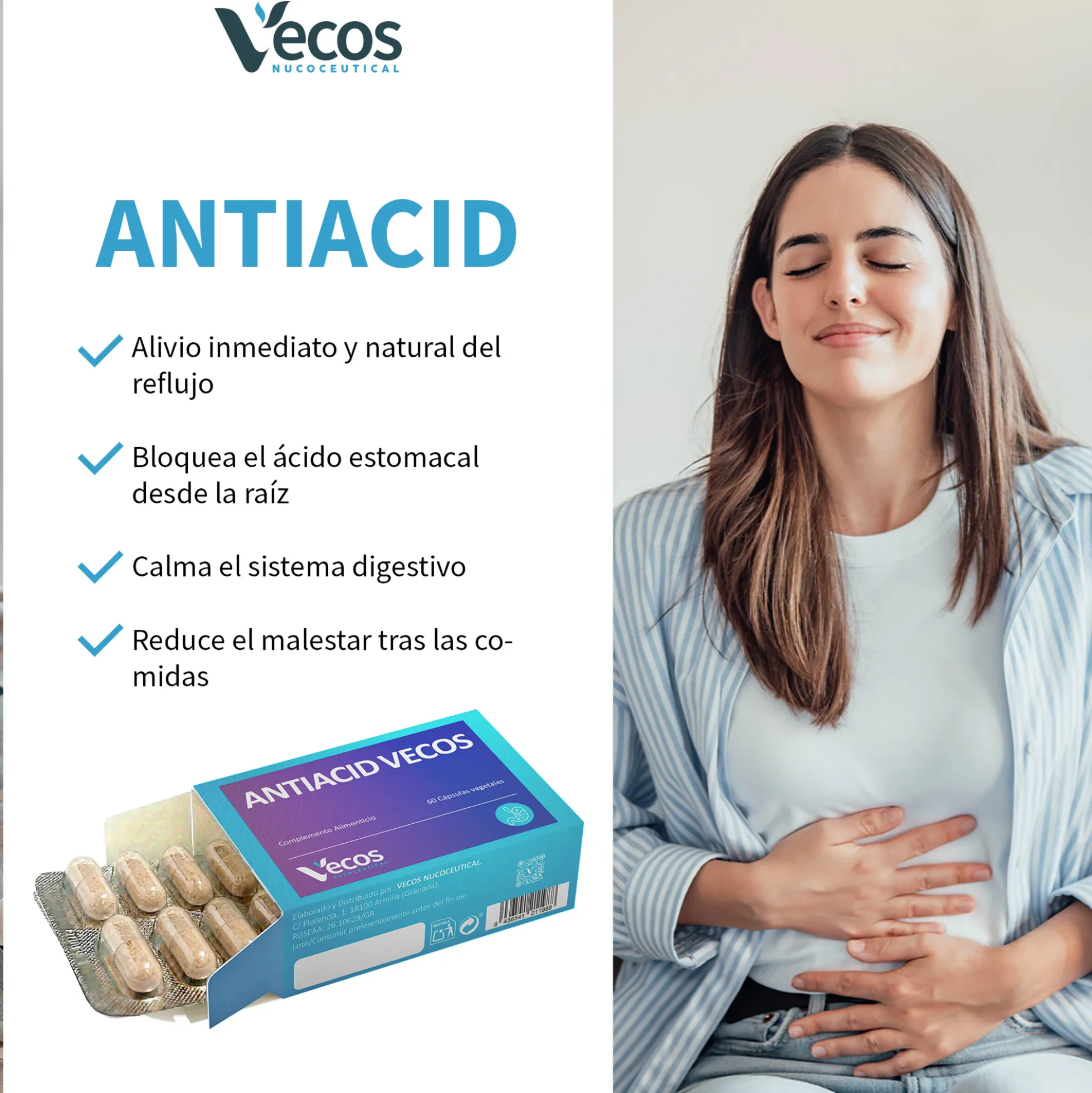 Antiacid Vecos 60 Cápsulas | Antiácido Y Antirreflujo | Alginato De Sodio Y Calcio