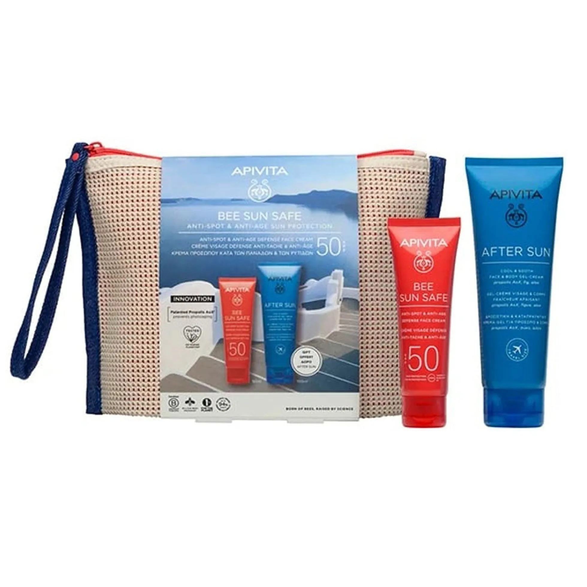 Apivita Bee Sun Safe Crema facial protectora solar SPF50 50 ml + Crema-gel refrescante y calmante 100 ml + Neceser