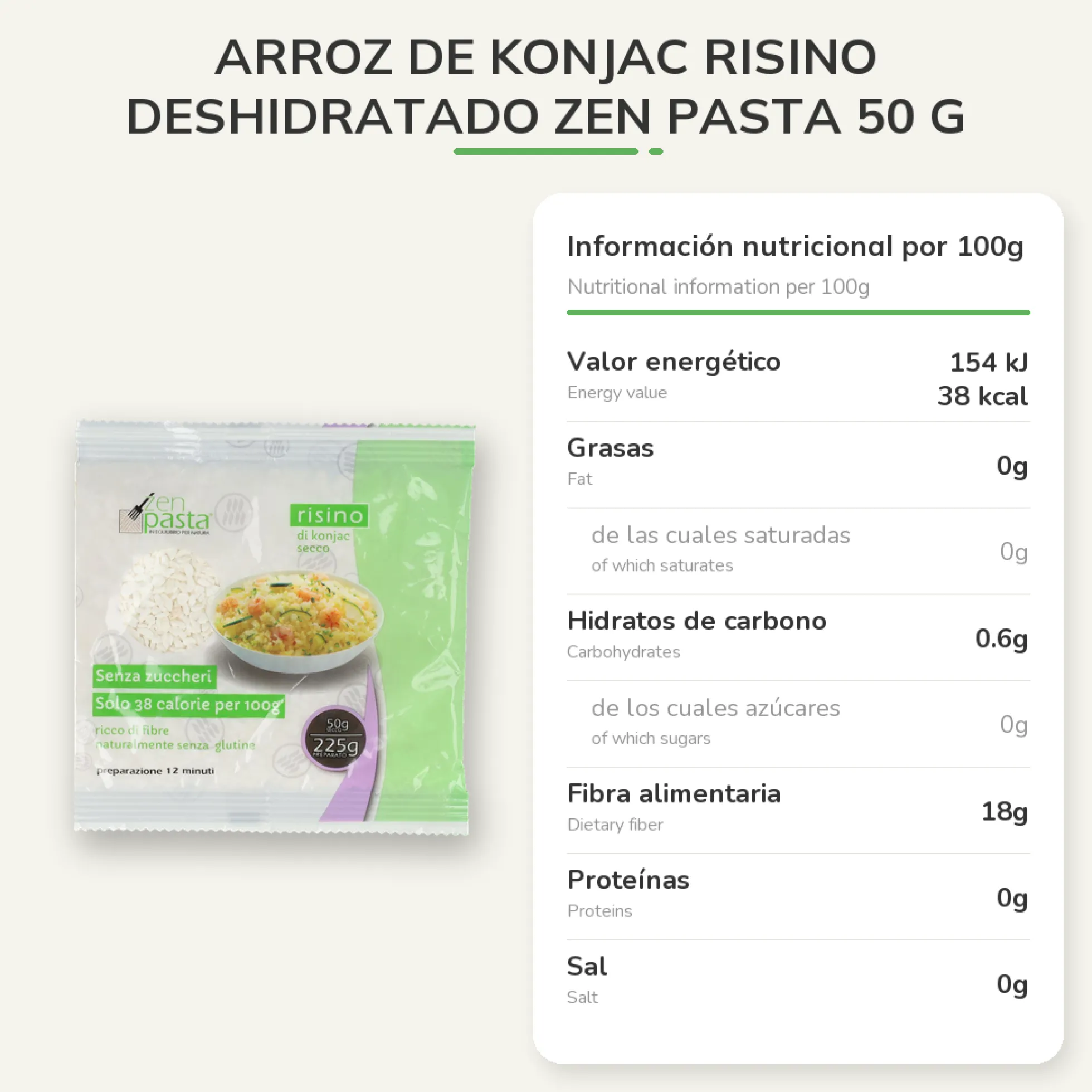 Arroz de Konjac Risino deshidratado Zen Pasta 50 g