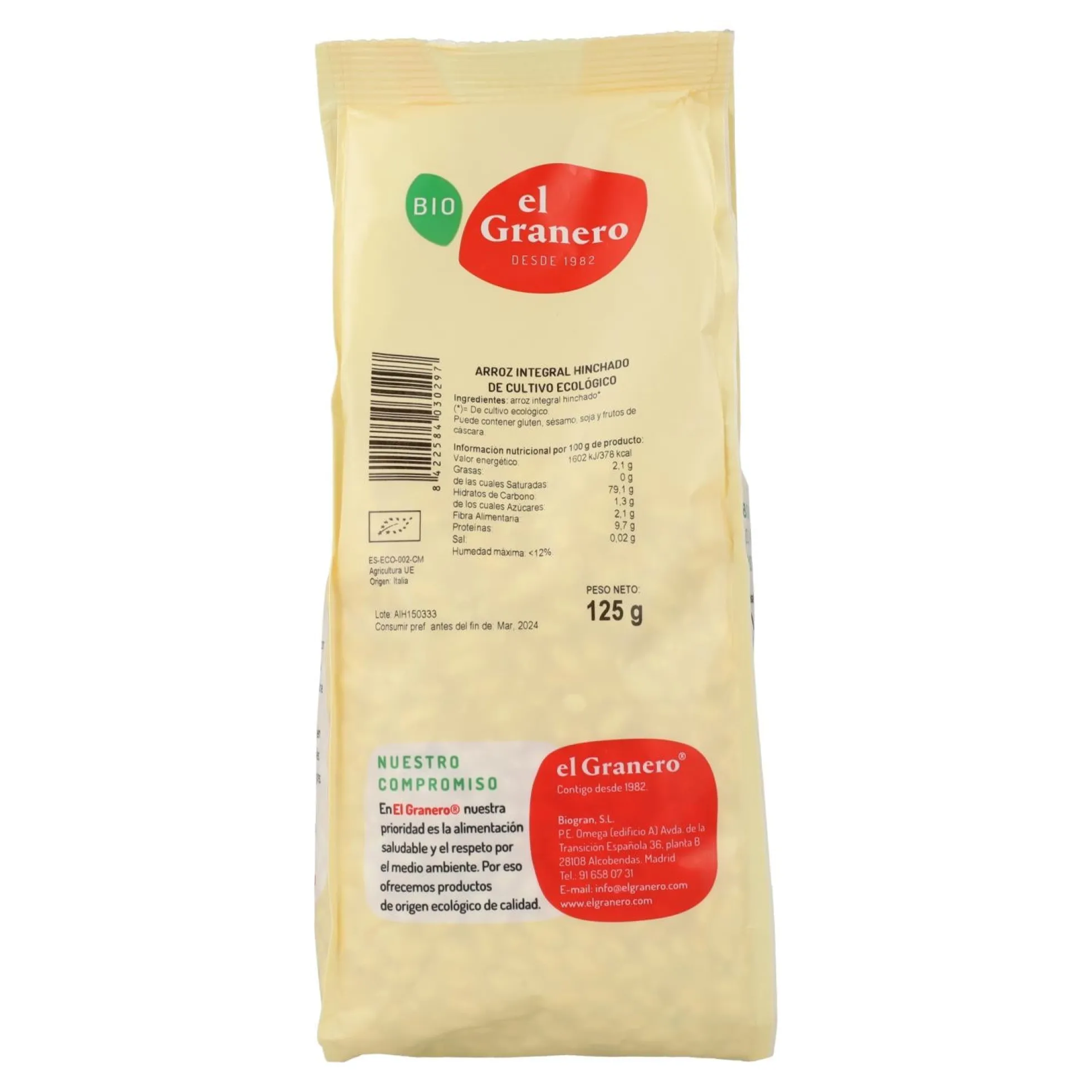 Arroz Integral Hinchado Bio El Granero, 125 g