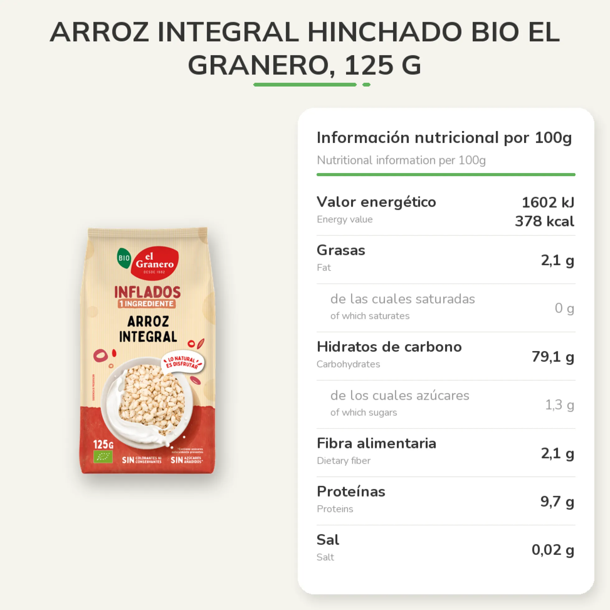 Arroz Integral Hinchado Bio El Granero, 125 g