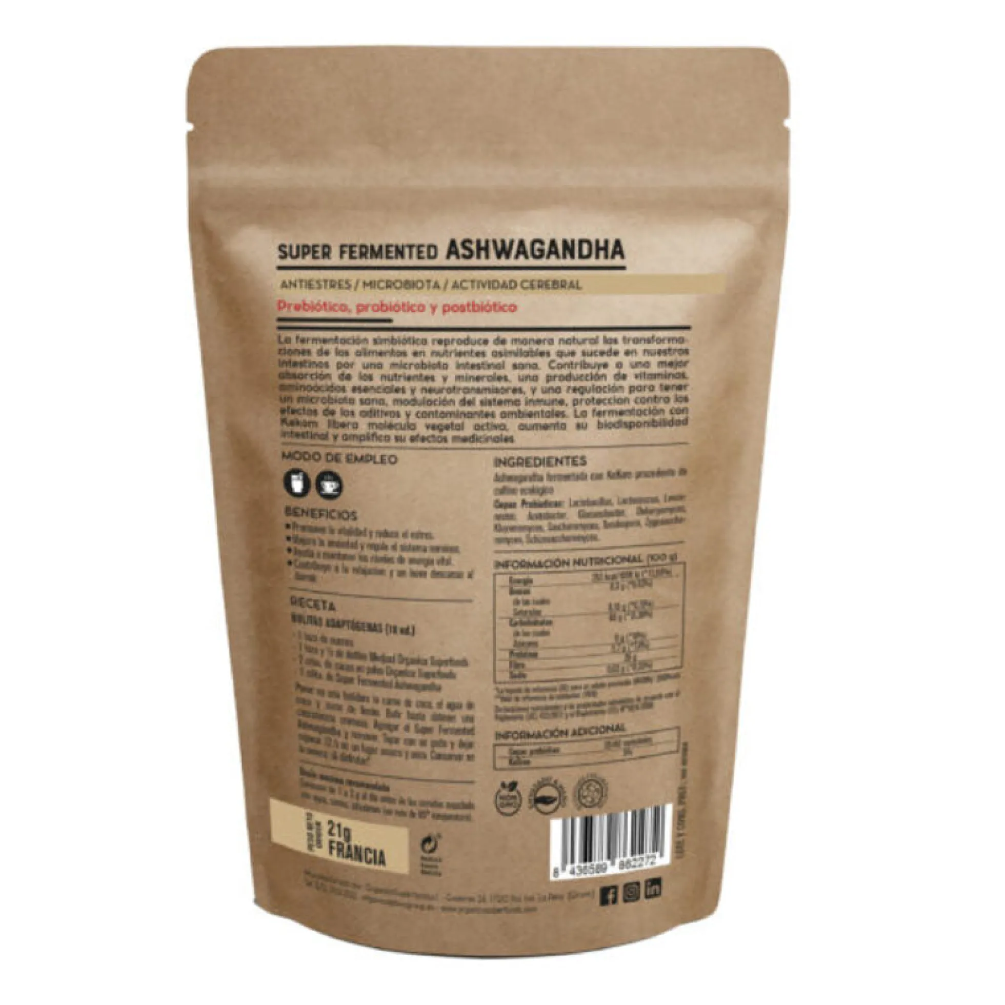 Ashwaganda Fermentada Bio -con Prebióticos, Probióticos, Postbióticos- 21g - Orgánica Superfoods