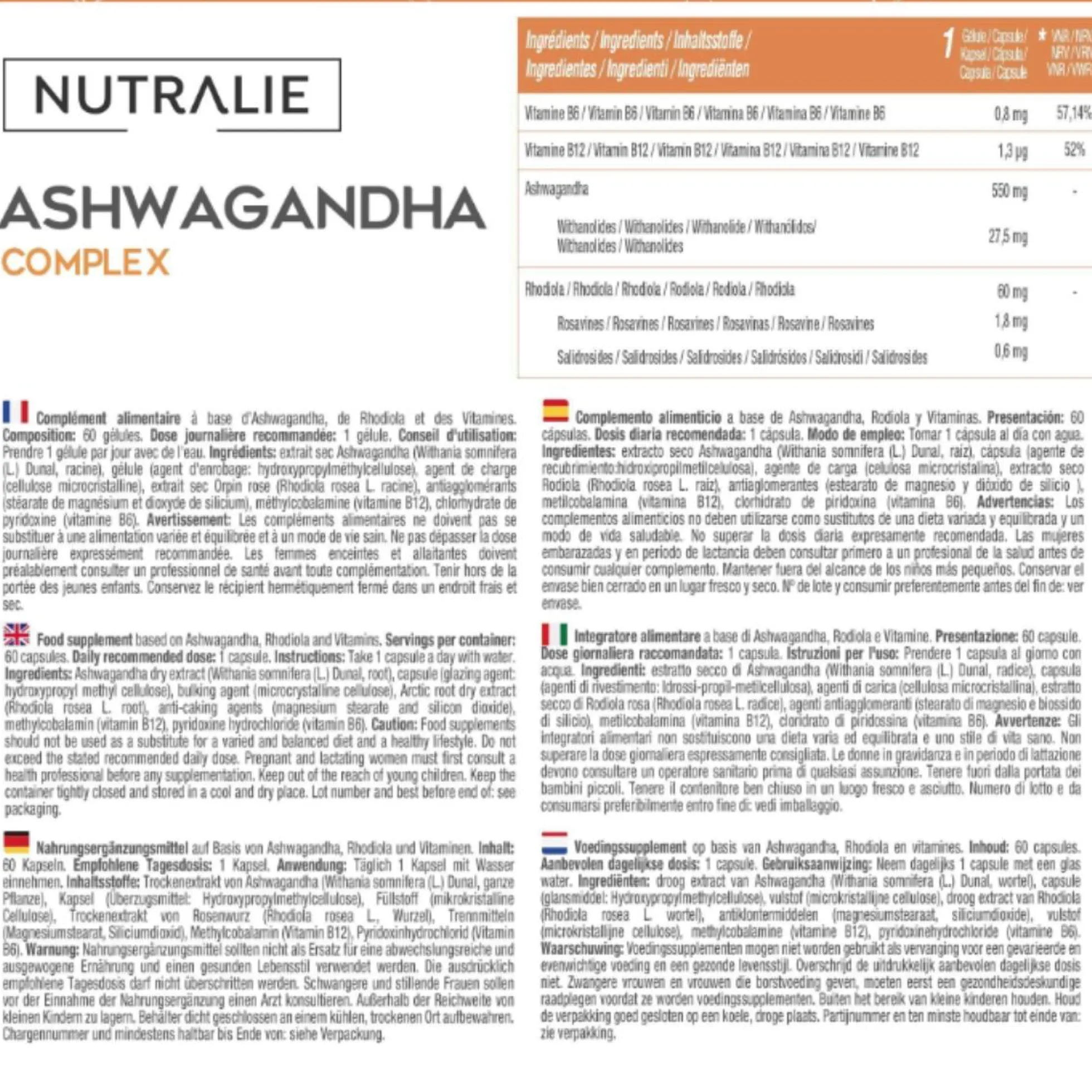 Ashwagandha con vitamina B6 y B12 Nutralie 60 Cápsulas