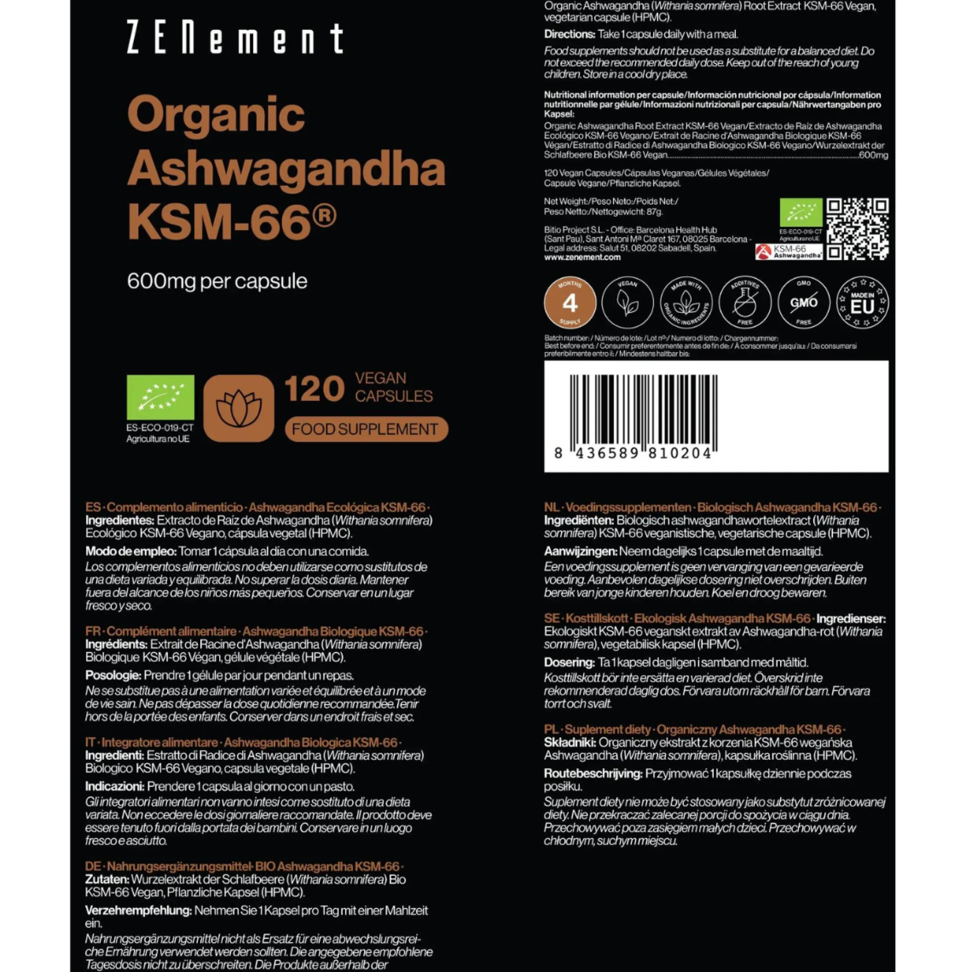 Ashwagandha ECO KSM-66 vegano Zenement 120 comprimidos