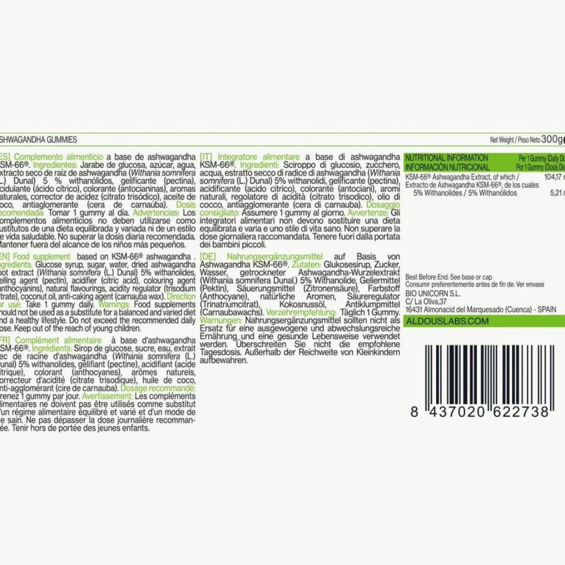 Ashwagandha en gominolas sabor cereza Aldous Bio 120 gominolas