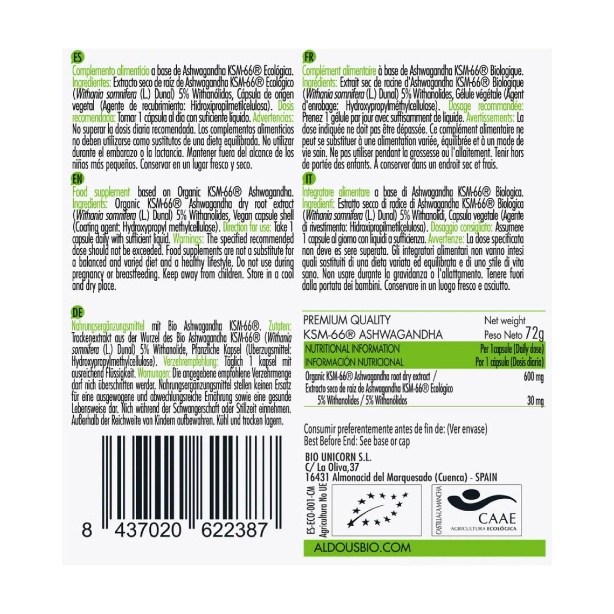 ASHWAGANDHA KSM66, 100 cap. Aldous Bio