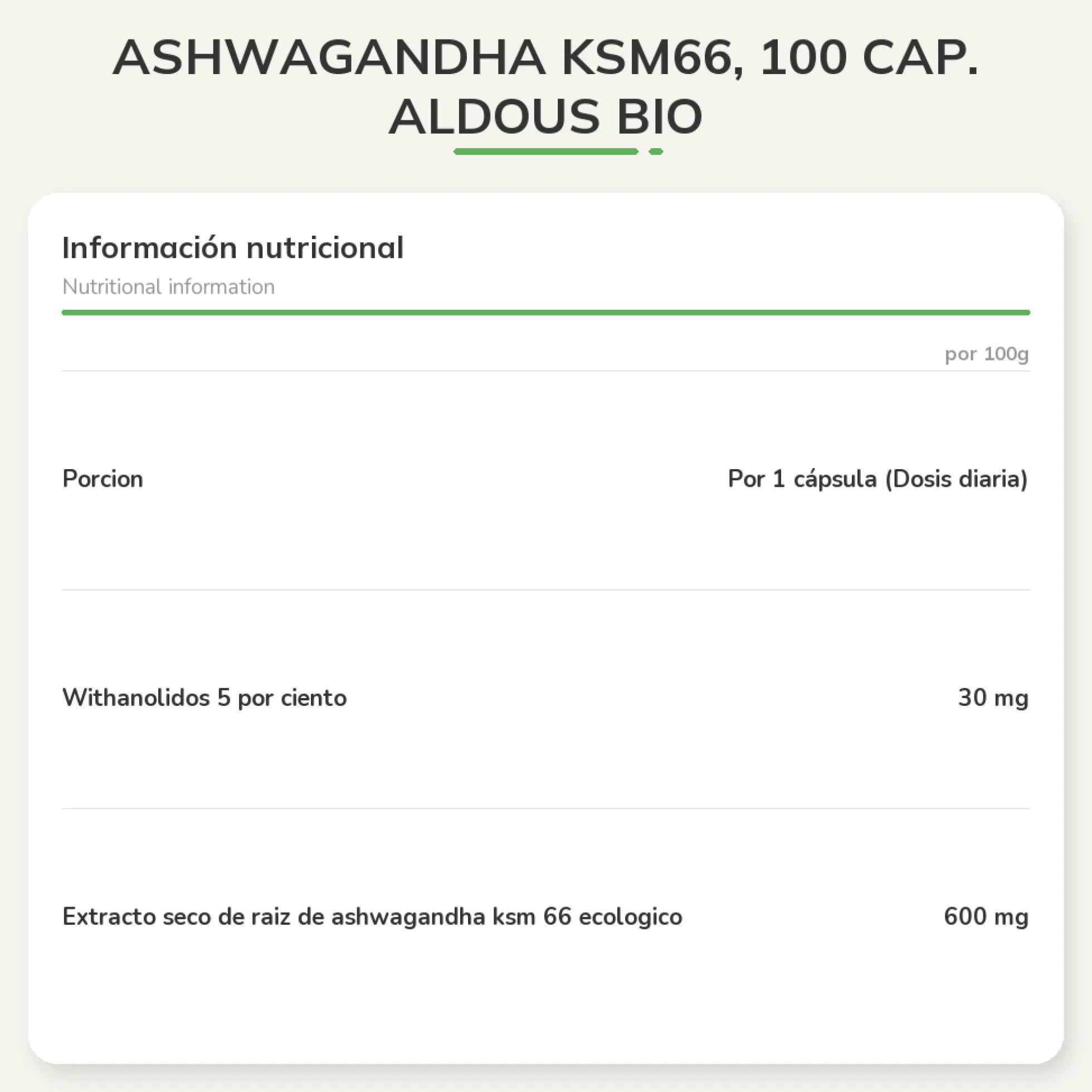 ASHWAGANDHA KSM66, 100 cap. Aldous Bio