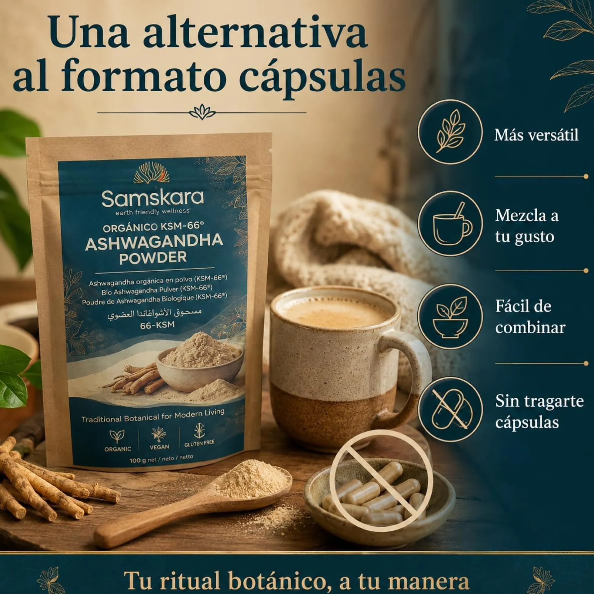 Ashwagandha Ksm-66 En Polvo Bio - 100g | Superalimento Ecológico Vegano Para Batidos, Smoothies Y Zumos