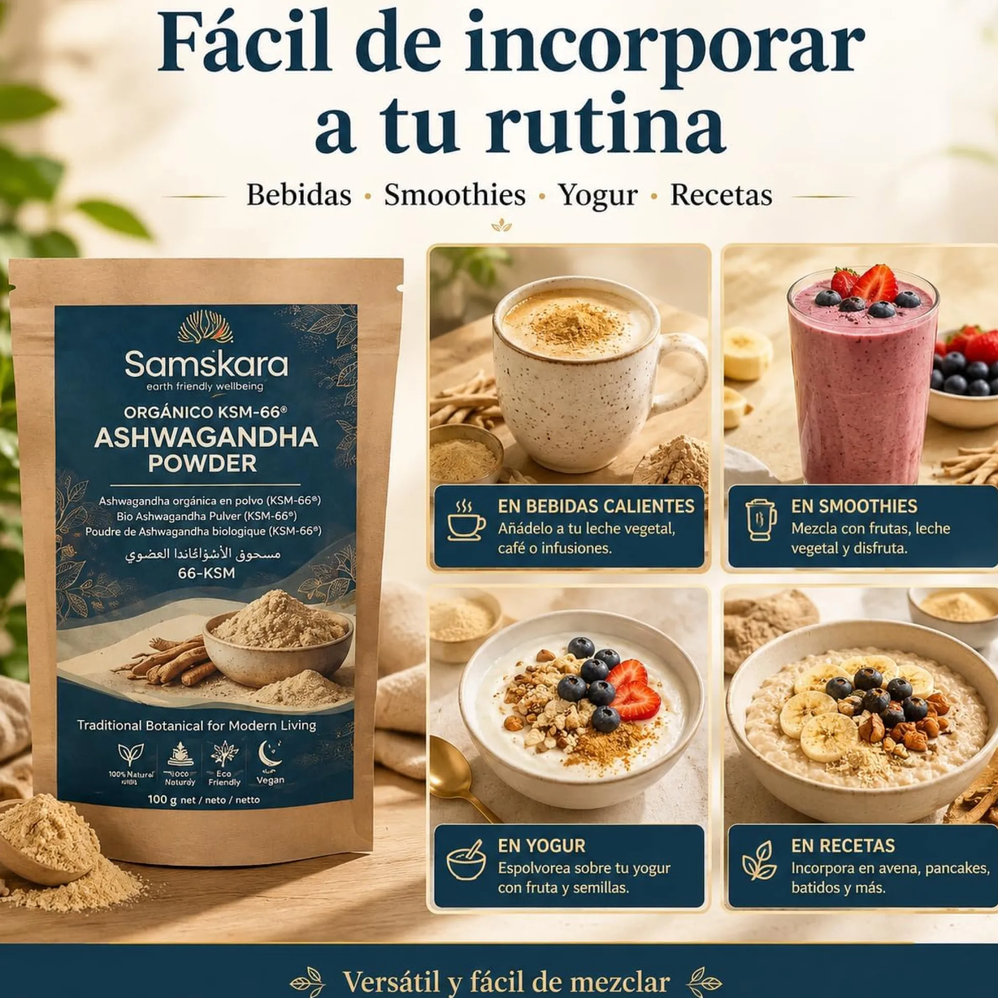 Ashwagandha Ksm-66 En Polvo Bio - 100g | Superalimento Ecológico Vegano Para Batidos, Smoothies Y Zumos