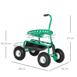 Asiento De Jardín Con Ruedas Bandeja De Herramientas Cesta Para Exterior Verde