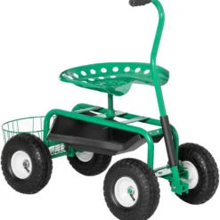 Asiento De Jardín Con Ruedas Bandeja De Herramientas Cesta Para Exterior Verde