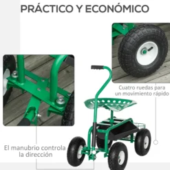 Asiento De Jardín Con Ruedas Bandeja De Herramientas Cesta Para Exterior Verde