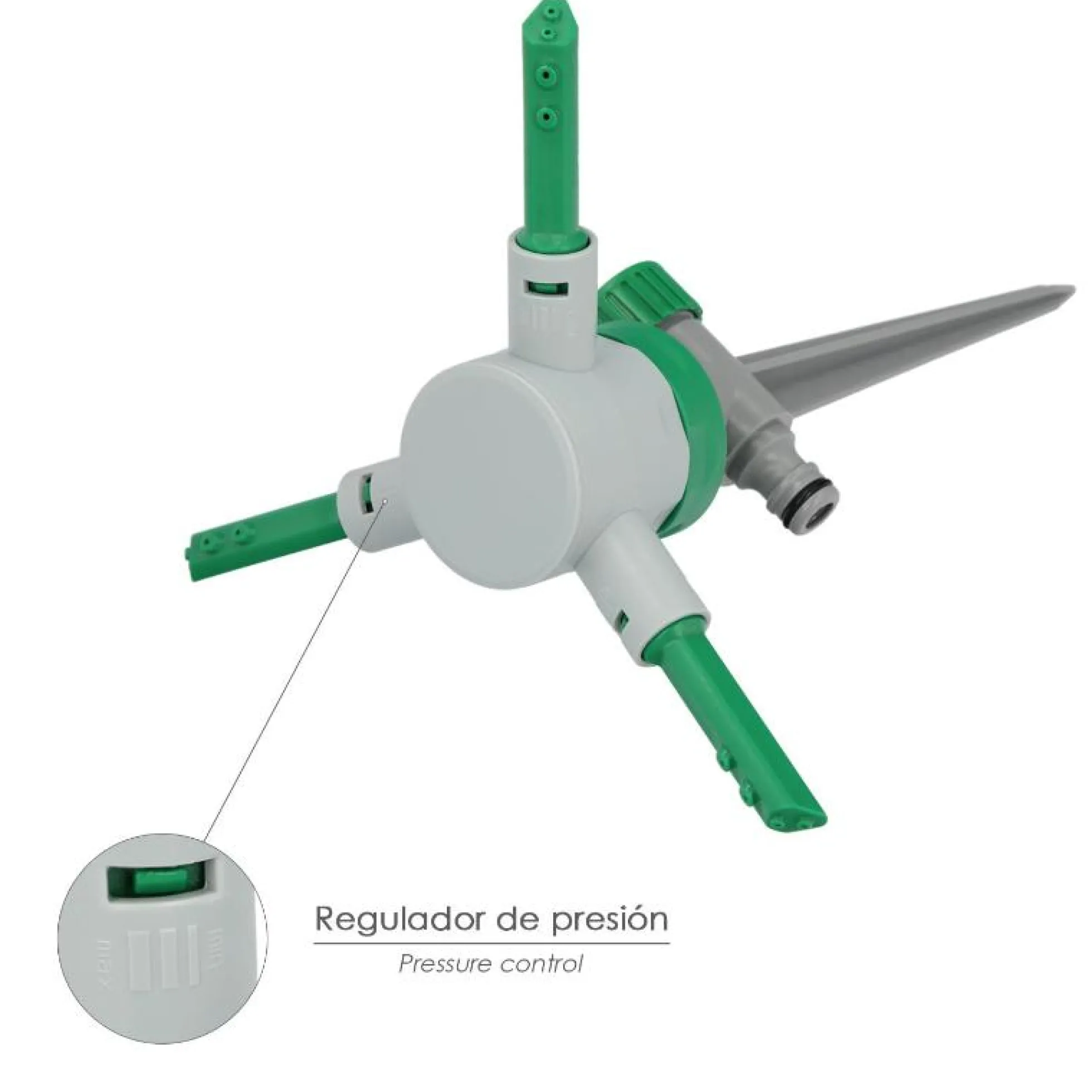 Aspersor Plástico 3 Brazos Con Pincho Con Regulador De Presión.