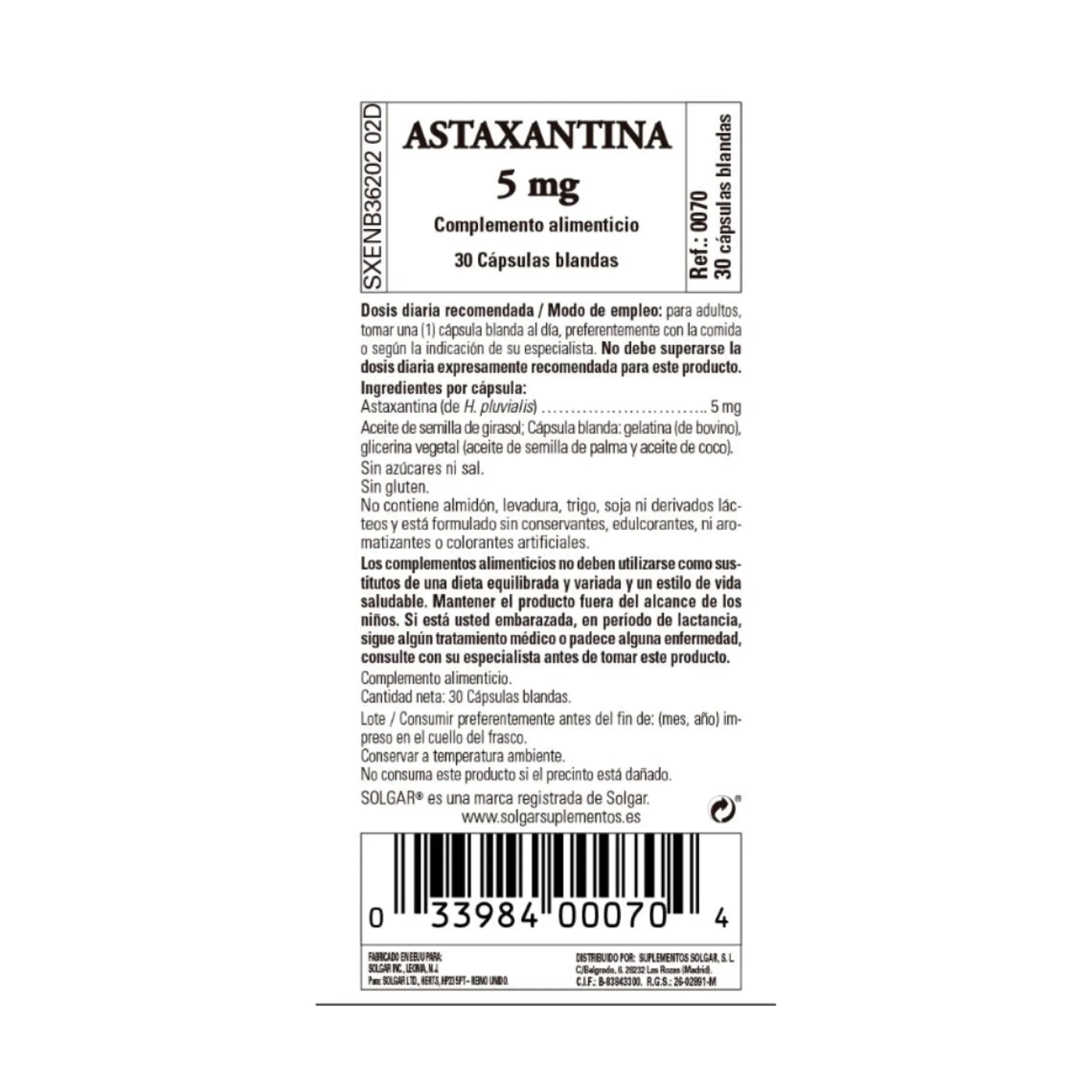Astaxantina, 30 cápsulas de 5mg