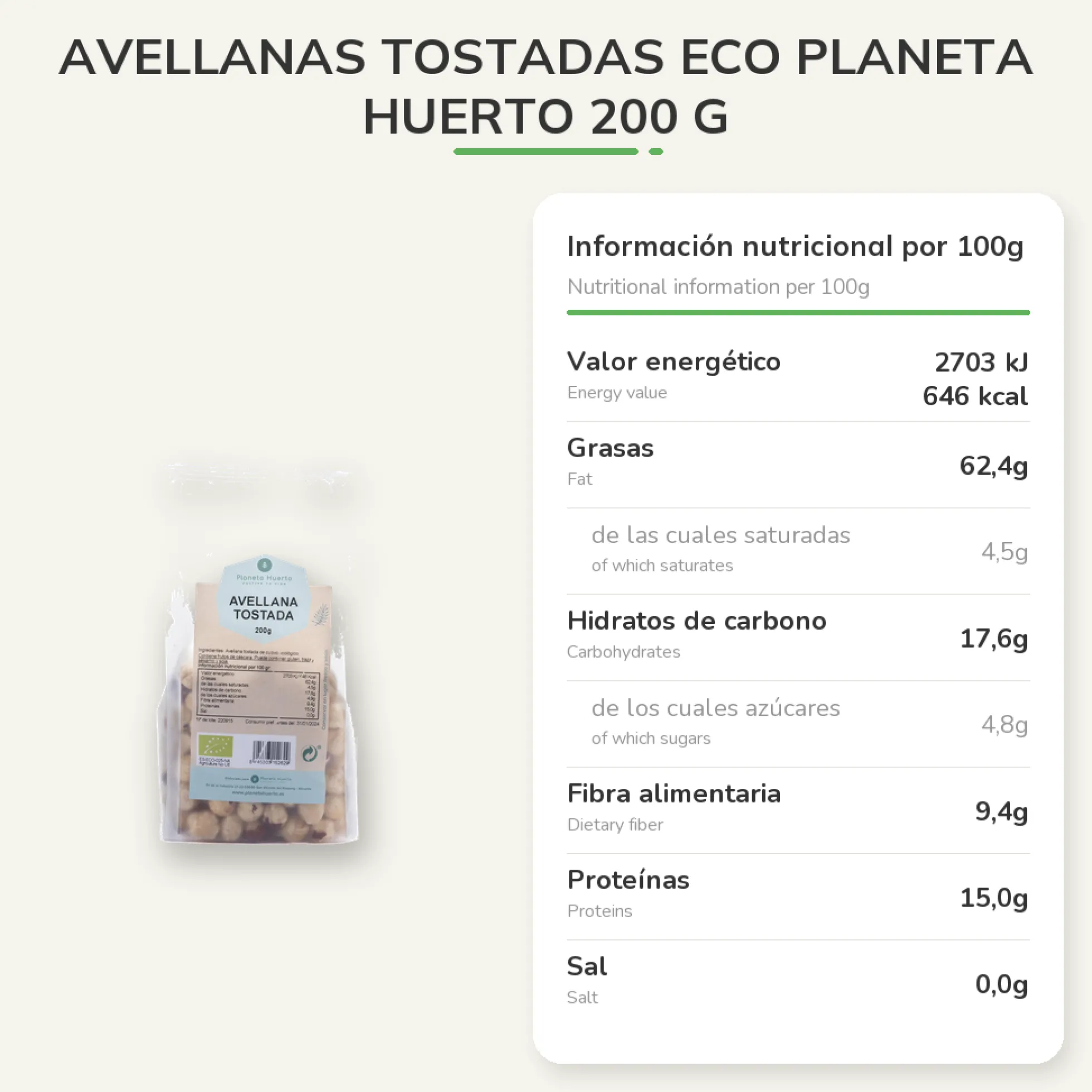 Avellanas tostadas ECO Planeta Huerto 200 g