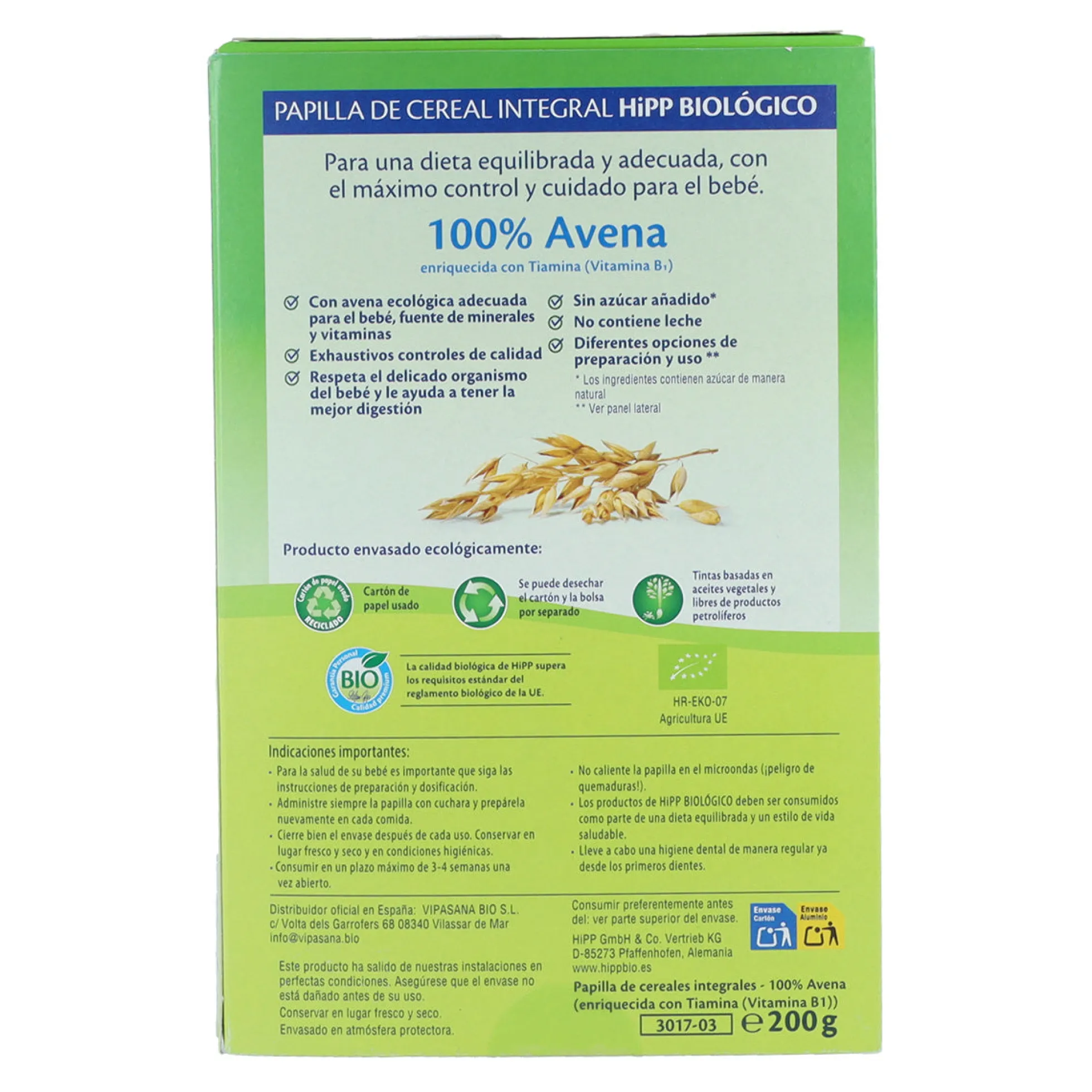Avena 100% papilla de cereal BIO 200 g