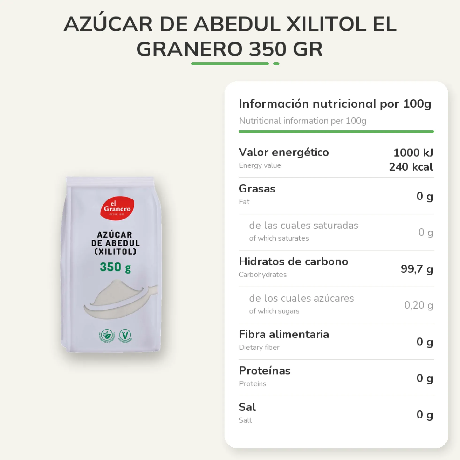 Azúcar de Abedul Xilitol El Granero 350 gr