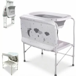 Bañera Bebé 5 En 1 Plegable Con Soporte, Cambiador, Bandejas, Desagüe, Gris Standard Bathby