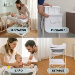 Bañera Bebé 5 En 1 Plegable Con Soporte, Cambiador, Bandejas, Desagüe, Gris Standard Bathby