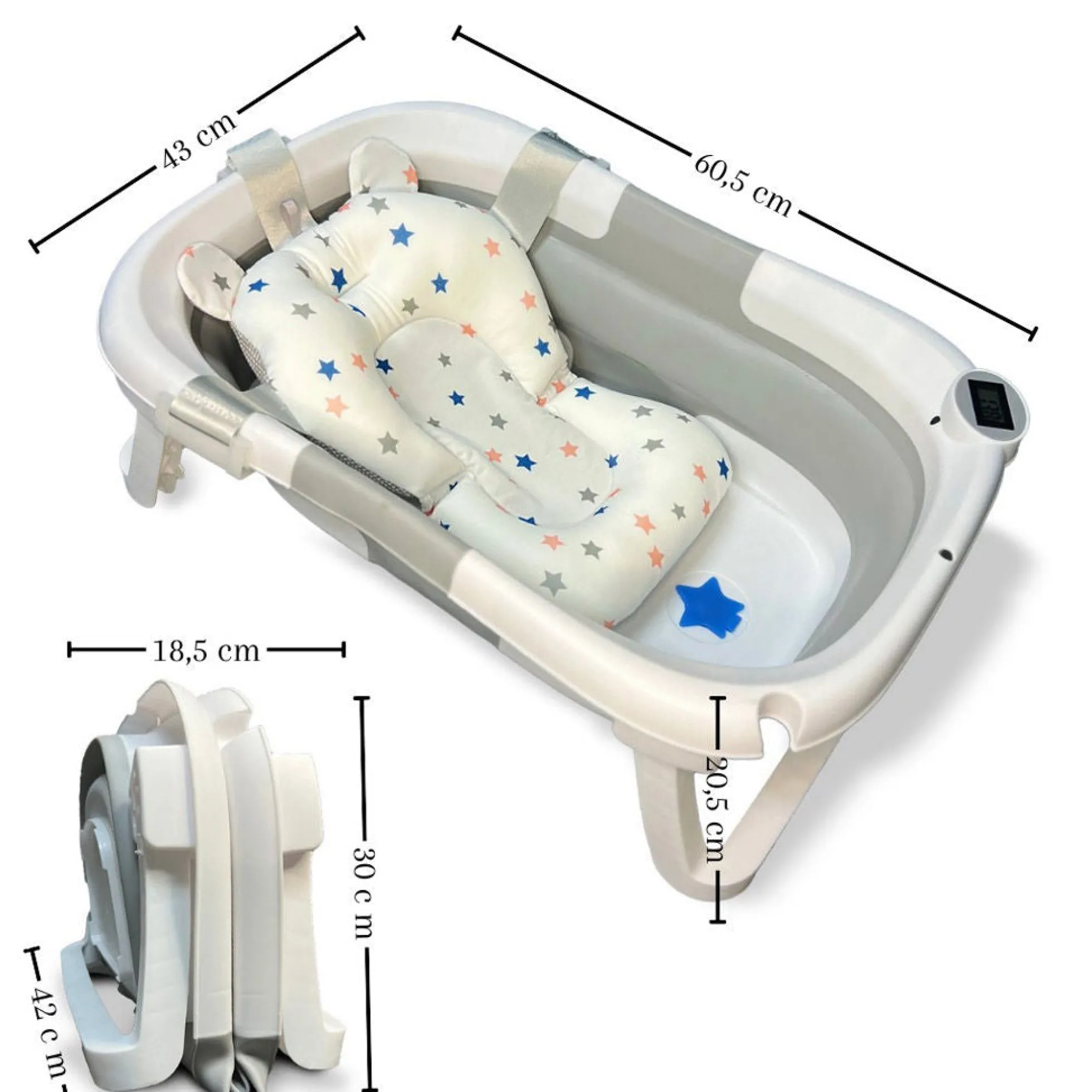 Bañera Bebé Plegable Con Termómetro, Cojín Antideslizante, Patas Antideslizantes, Gris Oasis Bathby