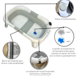 Bañera Bebé Plegable Con Termómetro, Cojín Antideslizante, Patas Antideslizantes, Gris Oasis Bathby