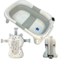 Bañera Bebé Plegable Con Termómetro, Cojín Antideslizante, Patas Antideslizantes, Gris Oasis Bathby