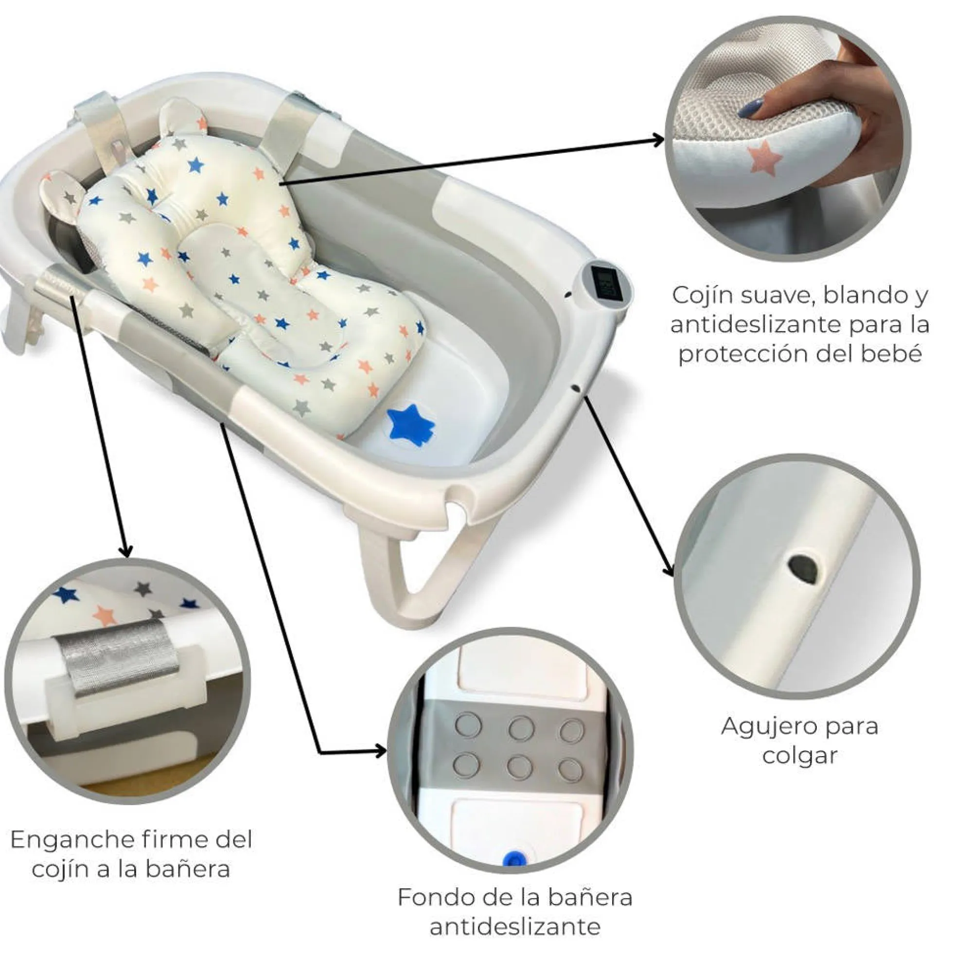 Bañera Bebé Plegable Con Termómetro, Cojín Antideslizante, Patas Antideslizantes, Gris Oasis Bathby