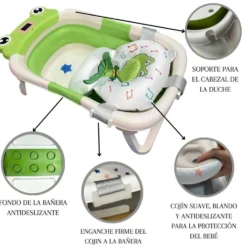 Bañera Plegable Para Bebés, Cojín Rana, Termómetro, Patas Antideslizantes, Verde Rana Bathby