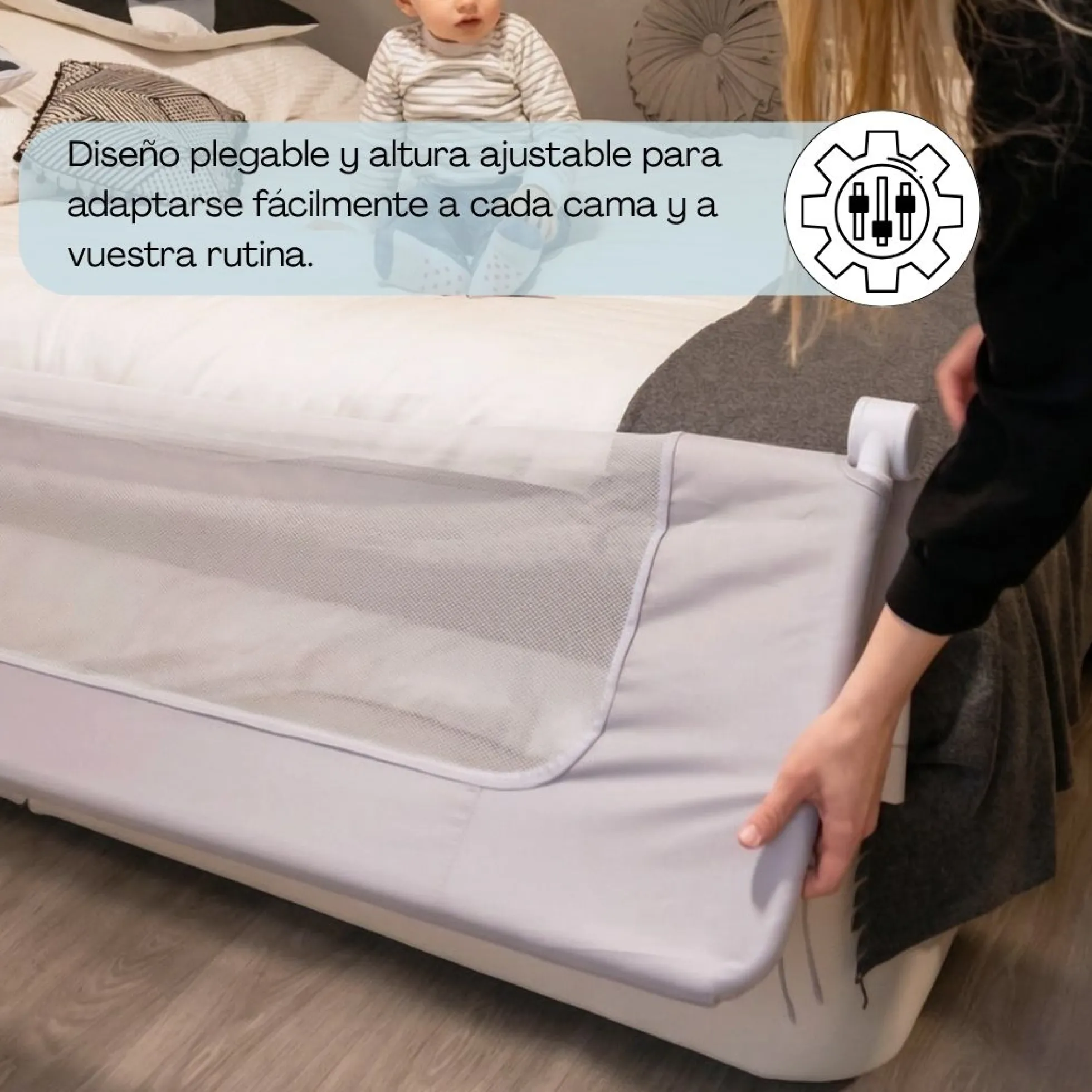 Barandilla De Cama Infantil 150 Cm – Altura Ajustable, Sistema Abatible, Malla Transpirable, Seguridad Anticaídas Bathby