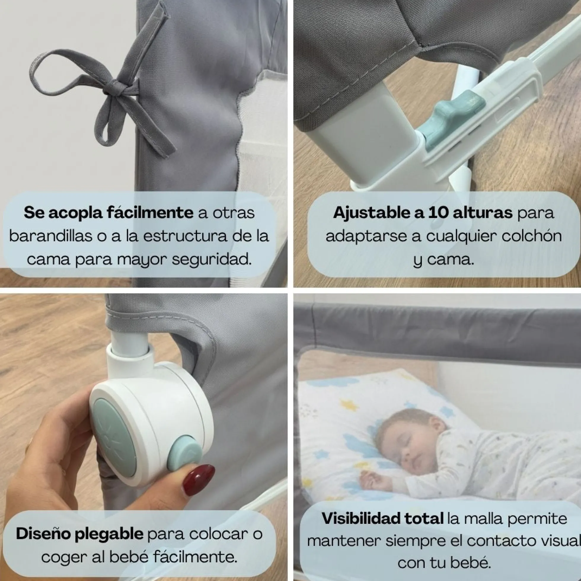 Barandilla De Cama Infantil 150 Cm – Altura Ajustable, Sistema Abatible, Malla Transpirable, Seguridad Anticaídas Bathby