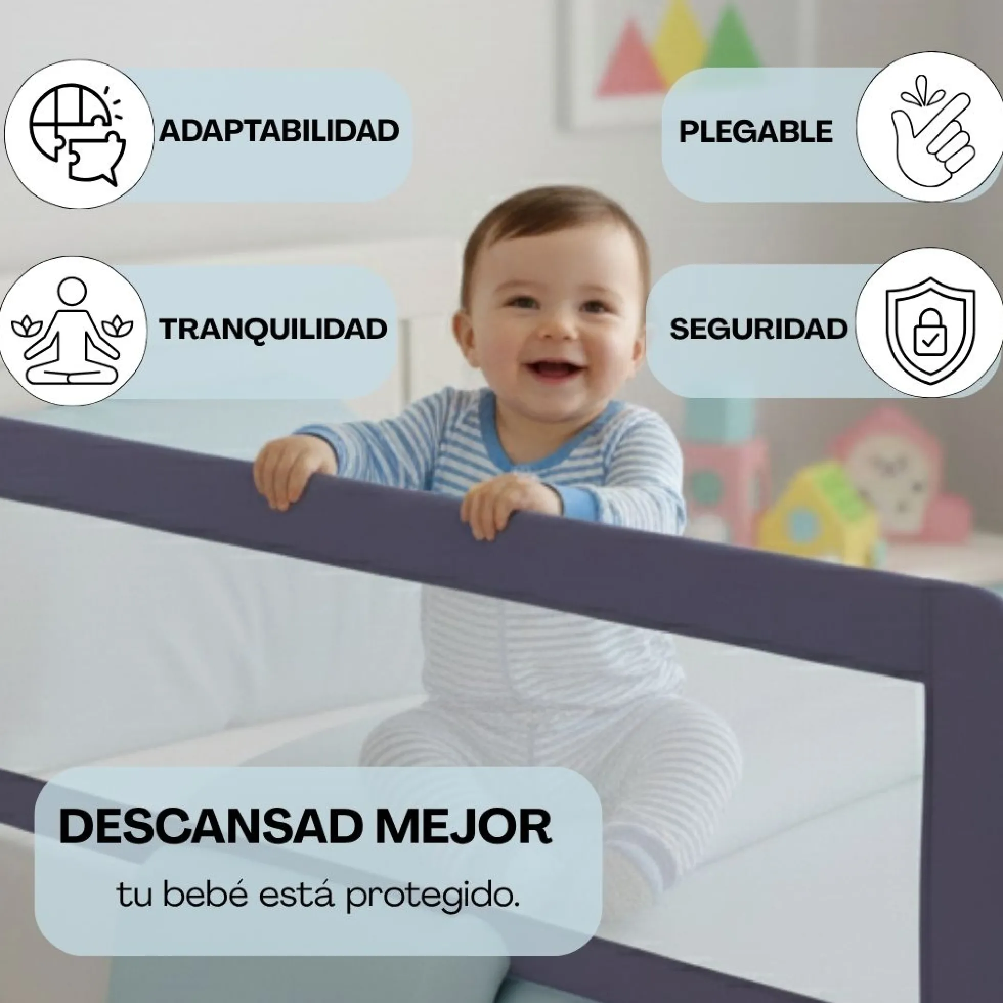 Barandilla De Cama Infantil 110 Cm – Altura Ajustable, Sistema Abatible, Malla Transpirable, Seguridad Anticaídas Bathby