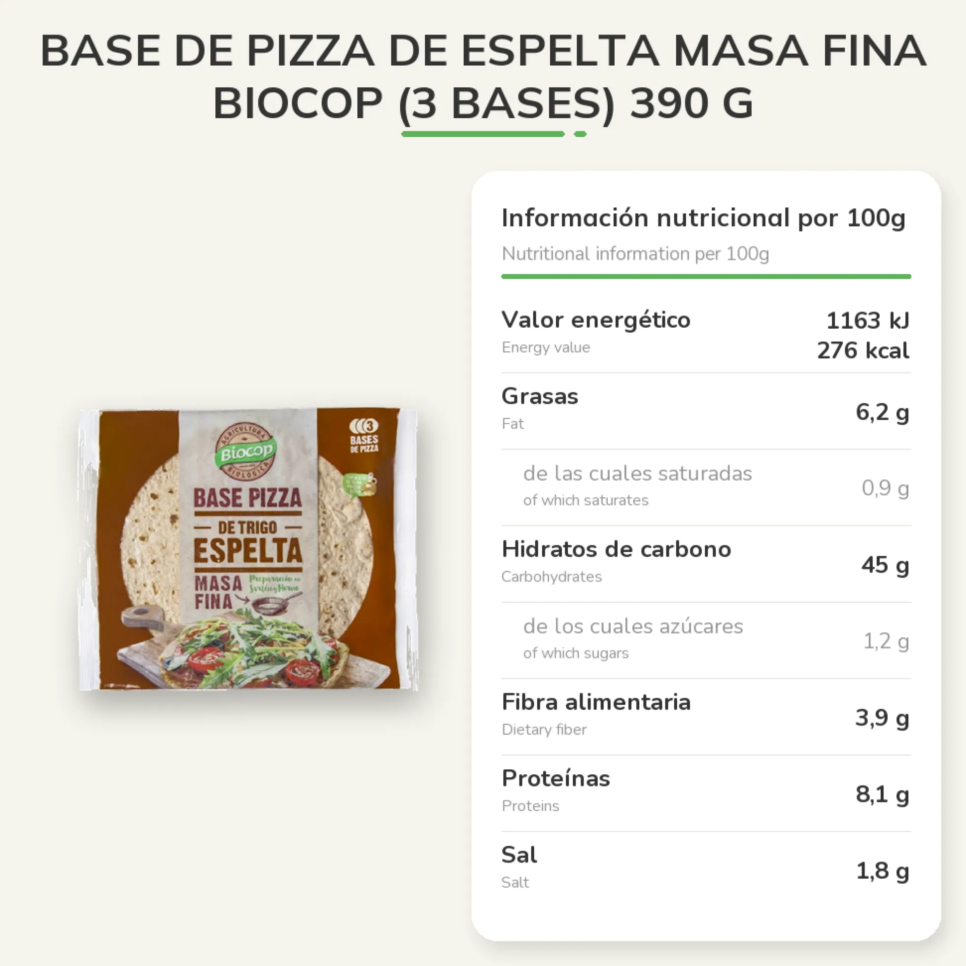 Base de Pizza de Espelta Masa Fina Biocop (3 bases) 390 g