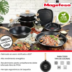 Batería Cocina Inducción 6 Piezas, Antiadherente Libre Pfoa, Exterior Negro Asas Efecto Madera Magefesa Orbe, Negro